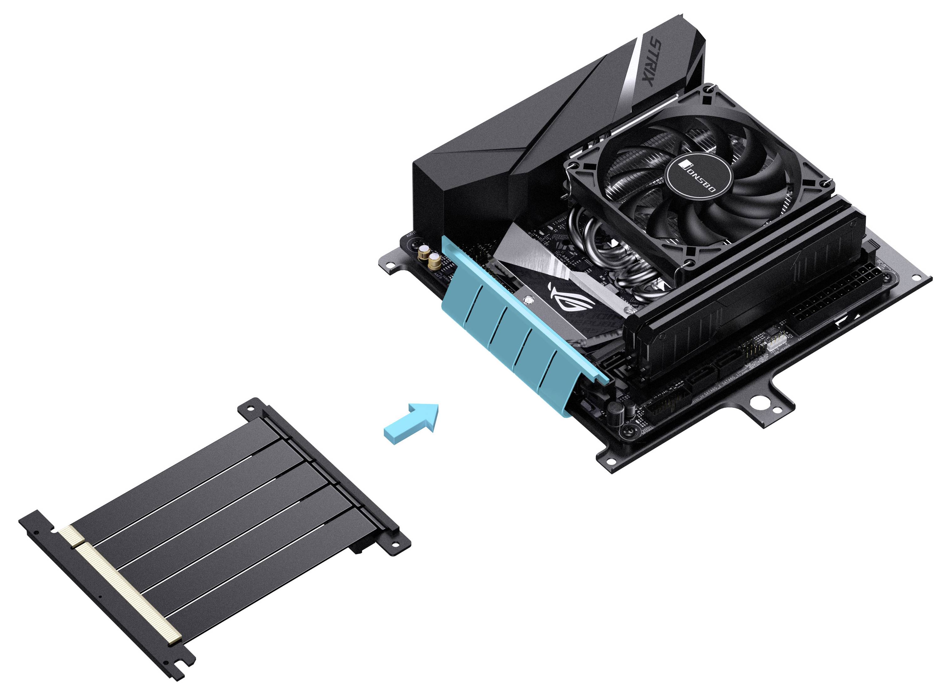 Základní deska počítače s připojeným chladicím systémem, zobrazující modrou patici a šipku ukazující směrem k rozloženému PCIe riser adaptéru.