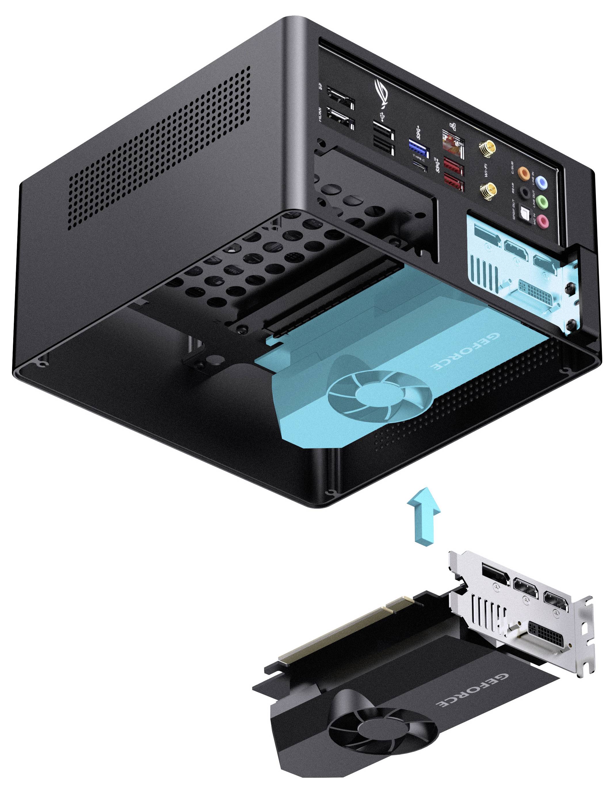 Je zobrazen černý počítačový kryt s částečně vloženou grafickou kartou, což naznačuje probíhající instalaci. Grafická karta je označena štítkem 'GeForce.'