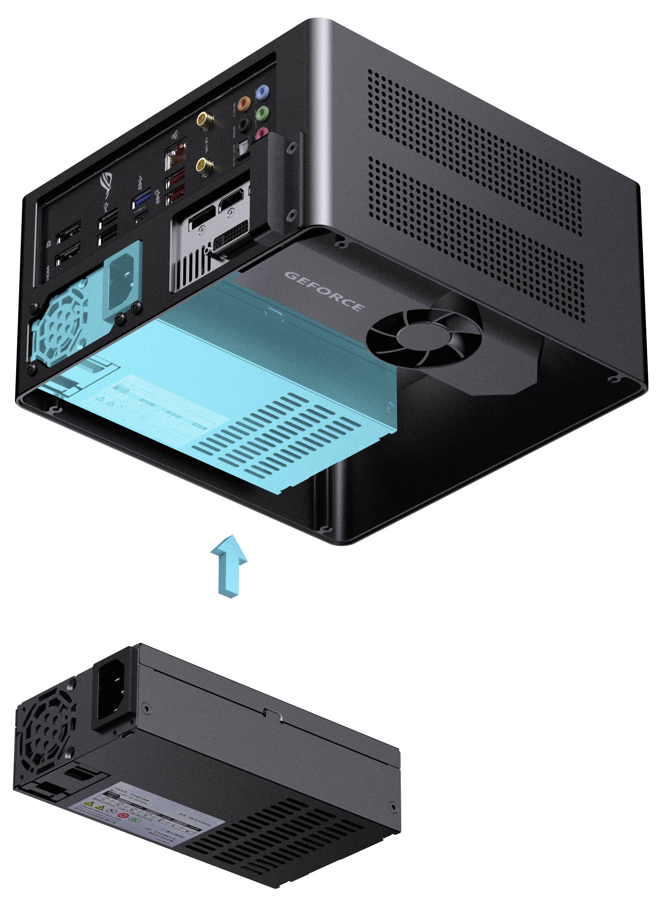 Ilustrace grafické karty GPU, která je vytahována/vysunována z počítačového šasi. Šipka ukazuje směr vyjmutí.