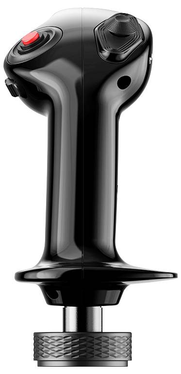 Černý joystick s různými tlačítky, včetně červeného tlačítka na vrcholu, vykazuje zaoblené kontury a ergonomický design úchopu.