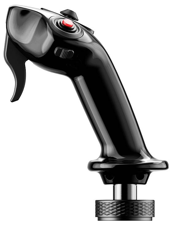 Černý ovladač joysticku s tlačítky, s výrazným červeným tlačítkem na horní straně, určený pro videoherní nebo simulační ovládání.