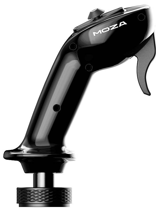 Černý joystick MOZA s ovládacím tlačítkem, navržený pro leteckou simulaci, vyznačující se elegantním ergonomickým designem.