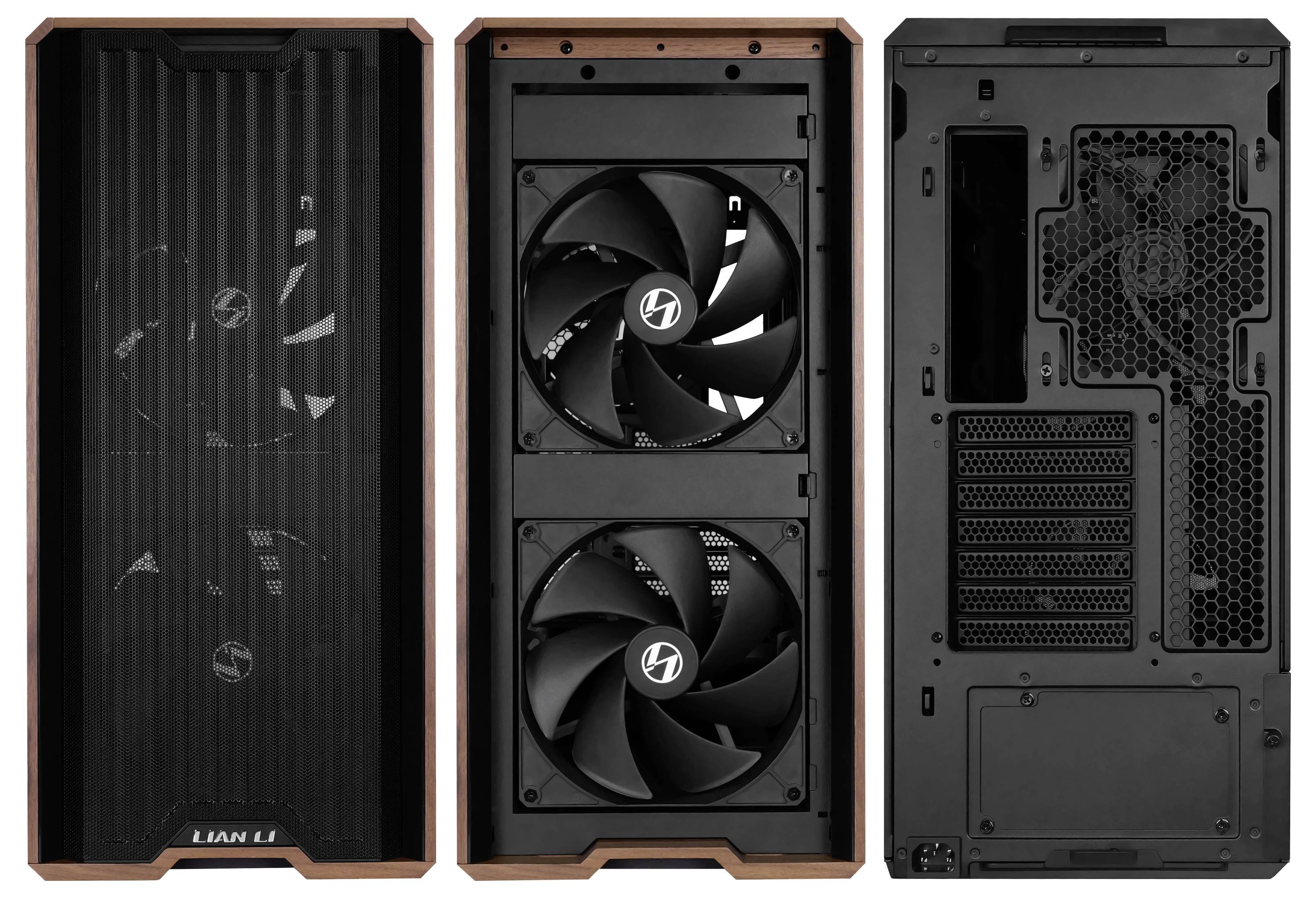 Počítačová skříň s pohledem na přední, boční a zadní panel. Přední panel má síťový design; boční strana ukazuje dva velké ventilátory; zadní strana má několik slotů a ventilátor.