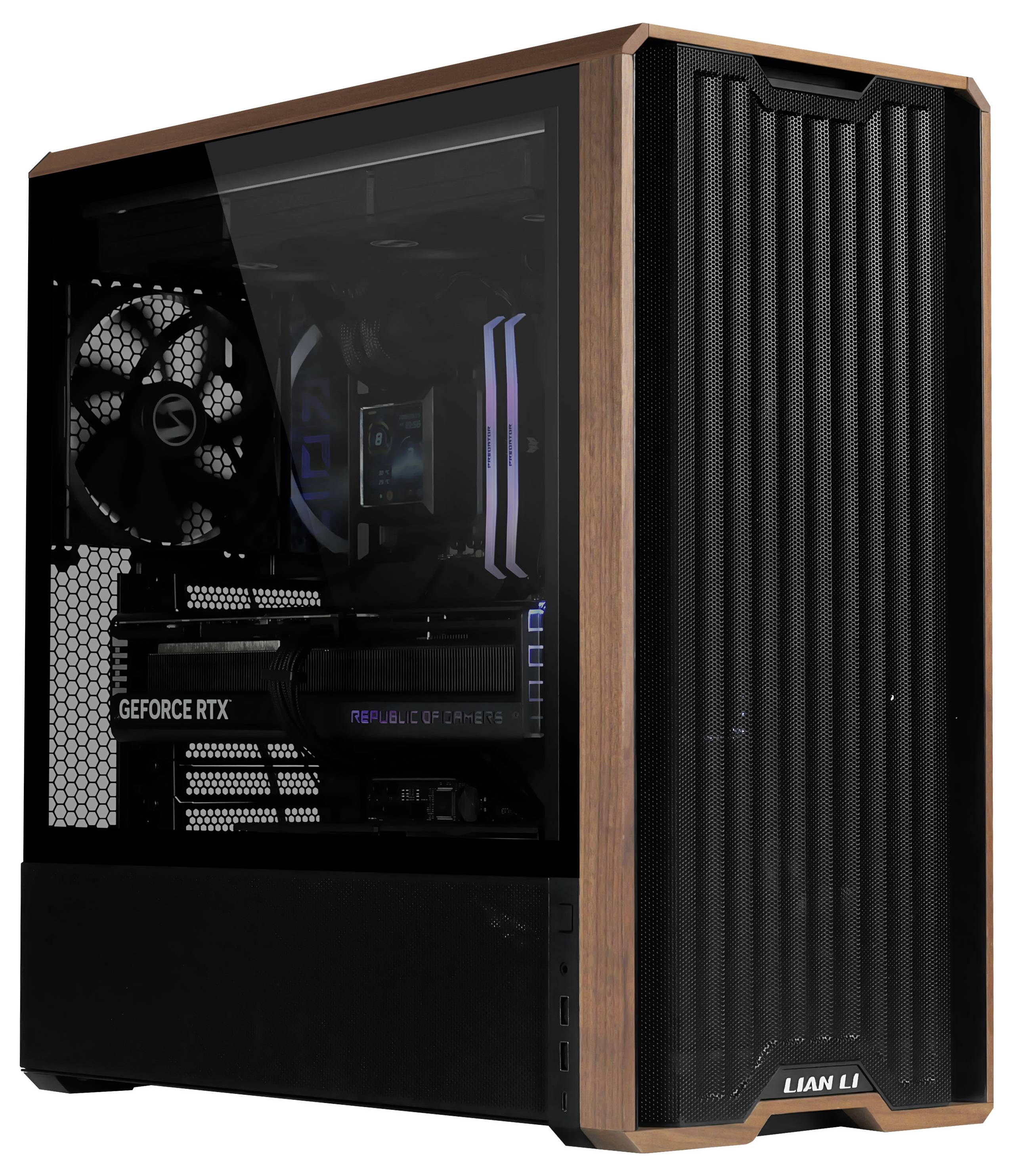 Počítačová věž s průhledným bočním panelem zobrazující vnitřní komponenty včetně grafické karty Geforce RTX. Dřevěný a síťovaný exteriér.