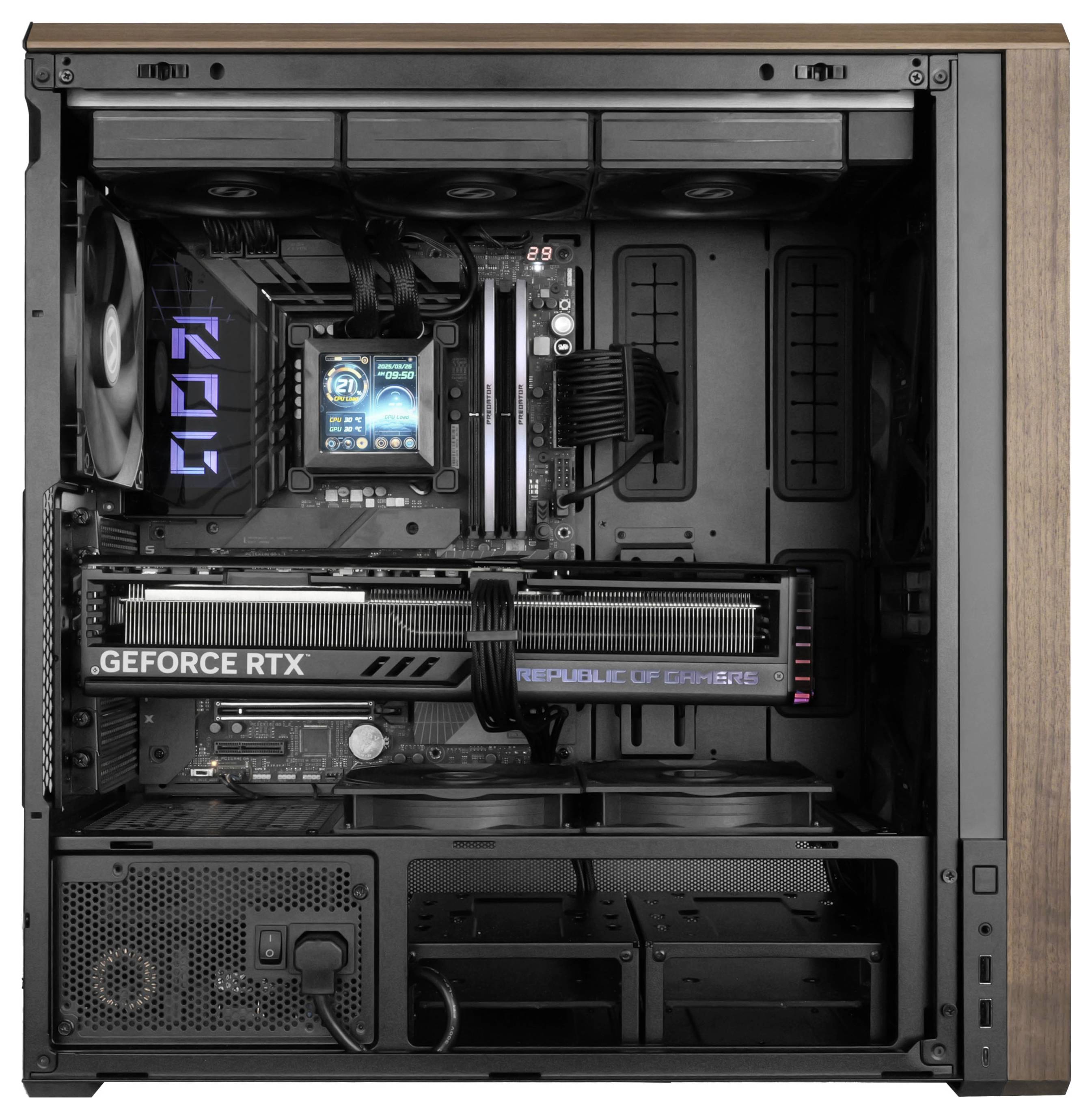 Vysoce výkonný počítač uvnitř, který zobrazuje grafickou kartu GeForce RTX, chladicí systém a osvětlené komponenty.