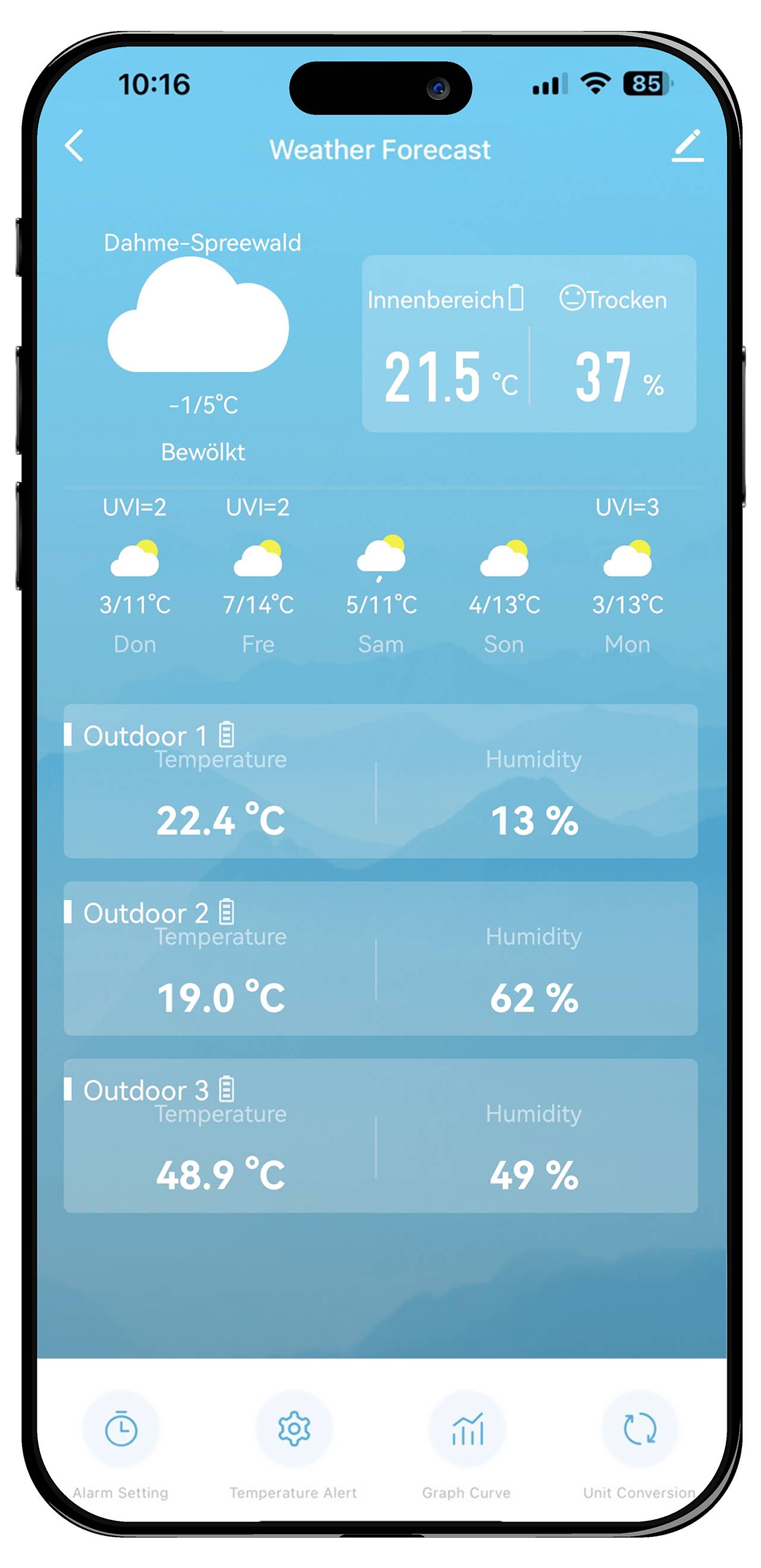 Obrazovka 'Předpověď počasí' zobrazující lokalitu Dahme-Spreewald, aktuální teplotu -1,5°C, vlhkost 37 % a předpověď na 3 dny.