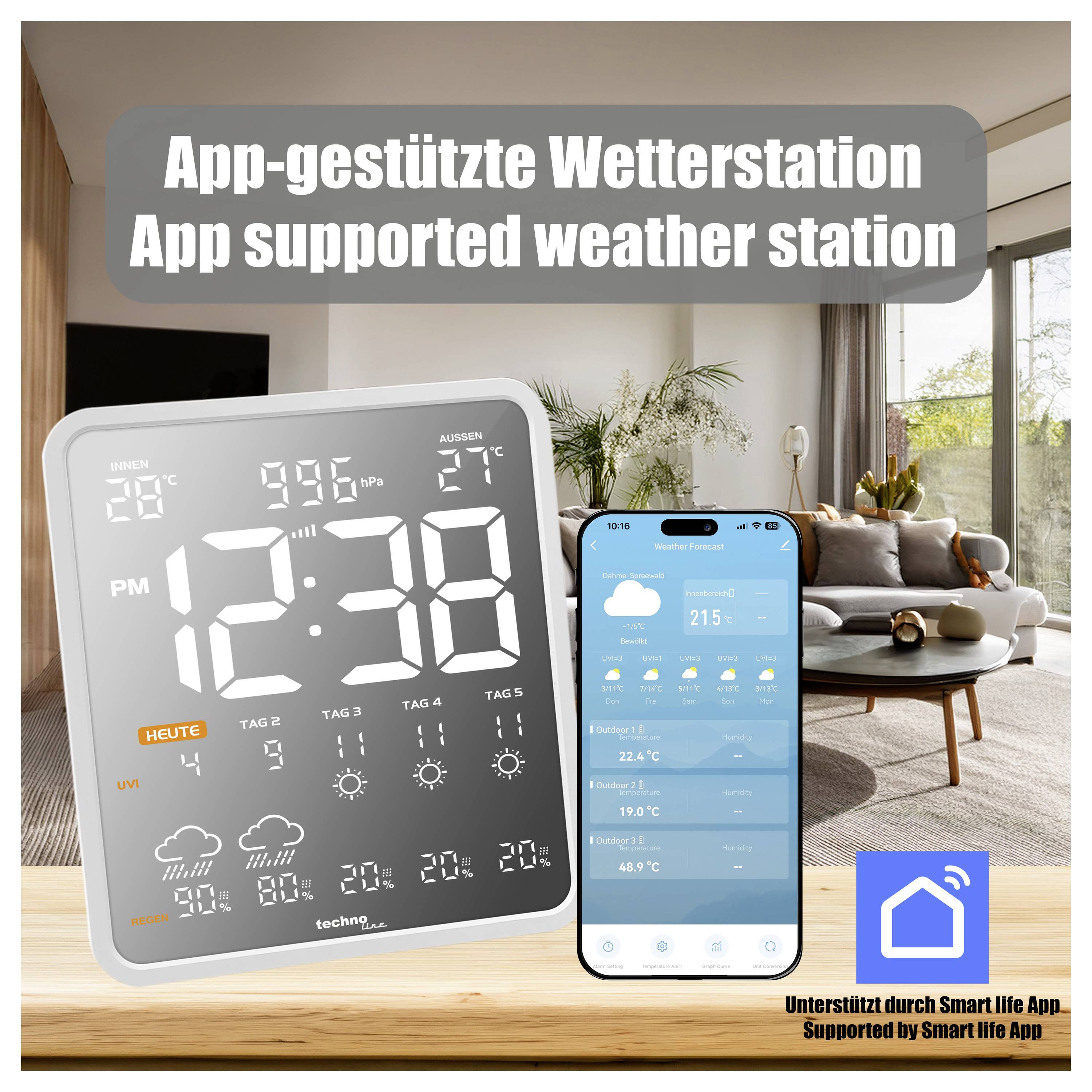 Meteorologická stanice podporovaná aplikací zobrazená na digitálním displeji a rozhraní chytrého telefonu v moderním obývacím pokoji, prezentující meteorologické údaje.