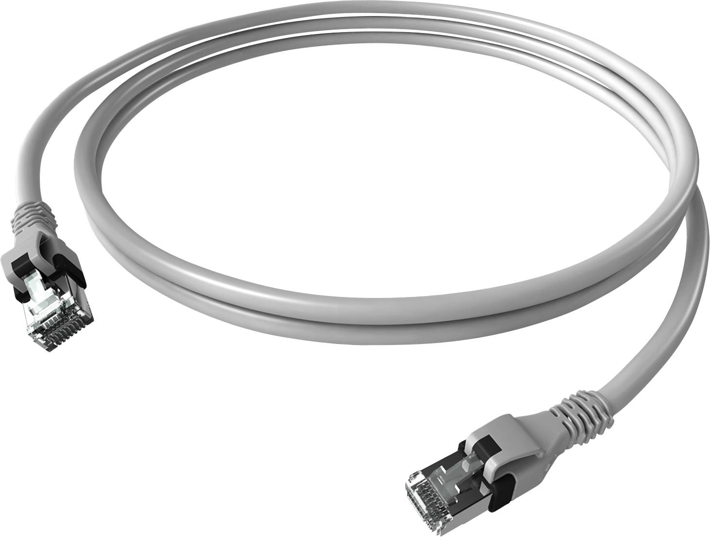 Šedý ethernetový kabel s konektory RJ45 na obou koncích, používaný pro síťová připojení.