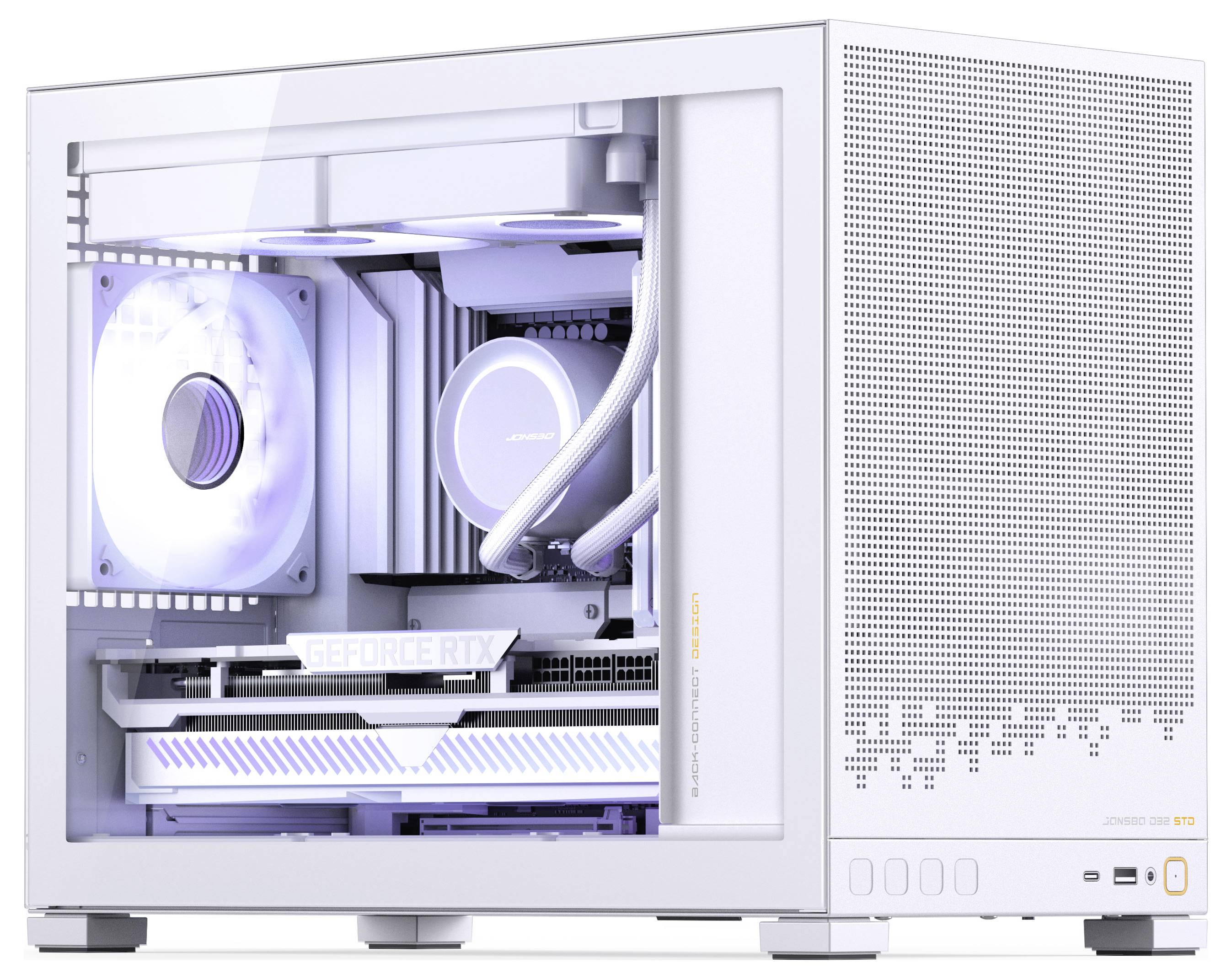 Bílý počítačový kryt se skleněným bočním panelem odhaluje vnitřní komponenty: dva ventilátory, chladicí trubice a viditelnou grafickou kartu 'GeForce RTX'.