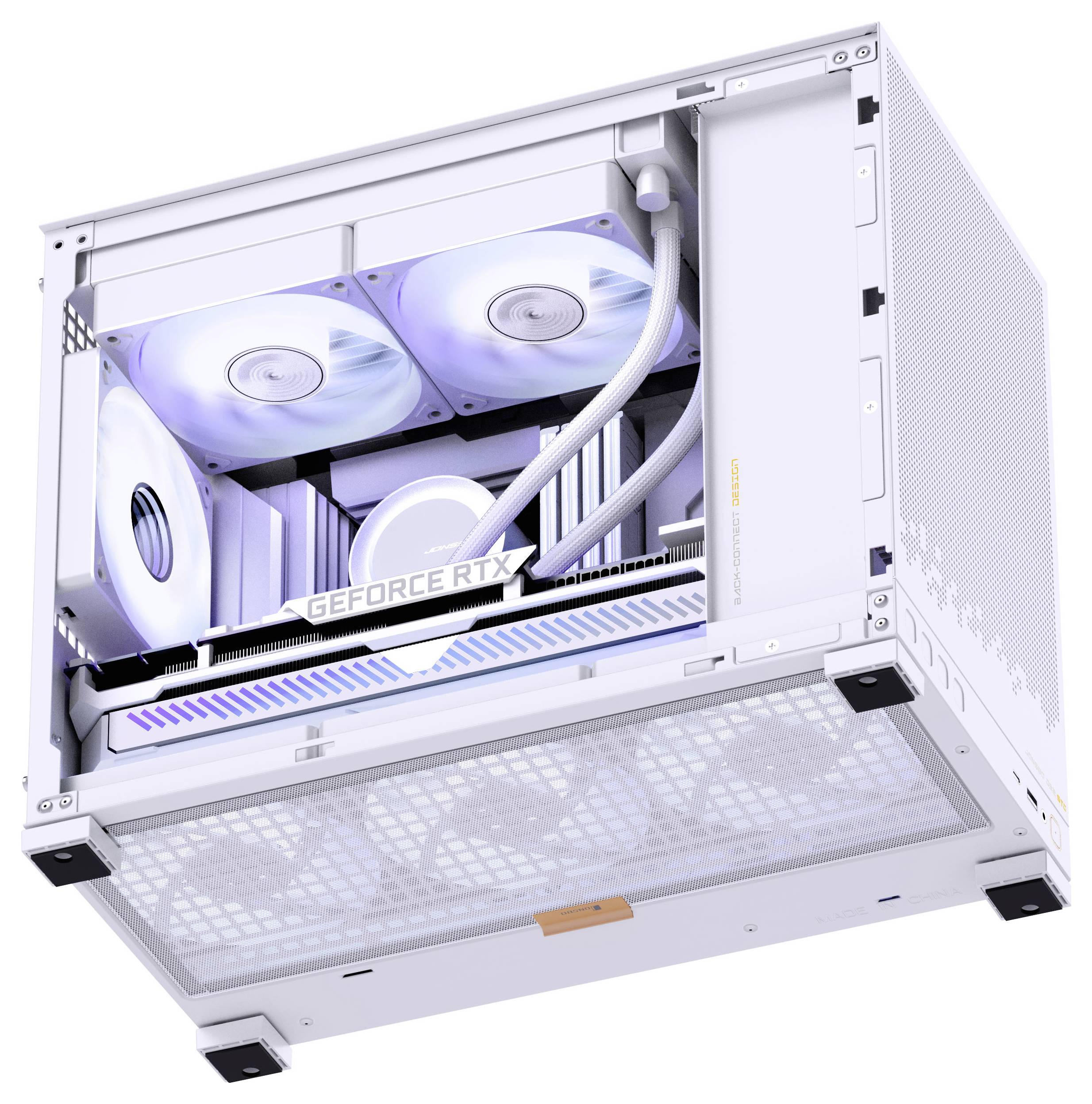 Kompaktní, moderní počítačová skříň se dvěma chladicími ventilátory, viditelnou grafickou kartou 'GeForce RTX' a elegantním bílým designem s modrými akcenty.