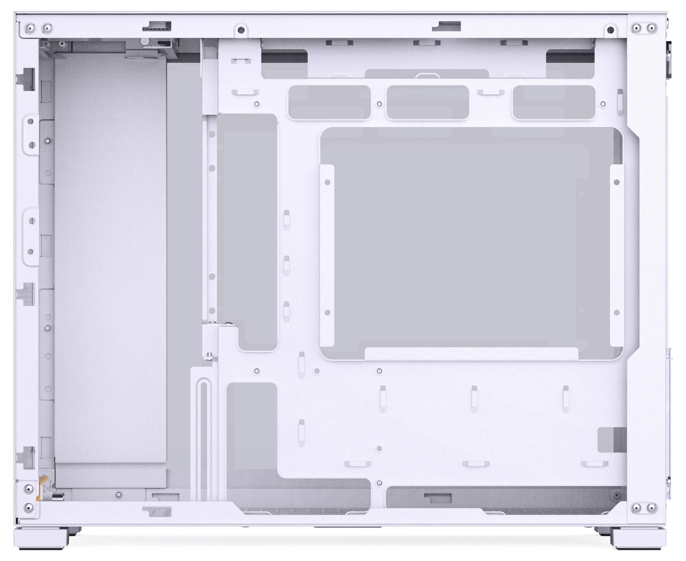 Prázdný bílý počítačový case s viditelnými montážními body pro základní desku, úložné zařízení a chladicí komponenty. Minimalistický design.