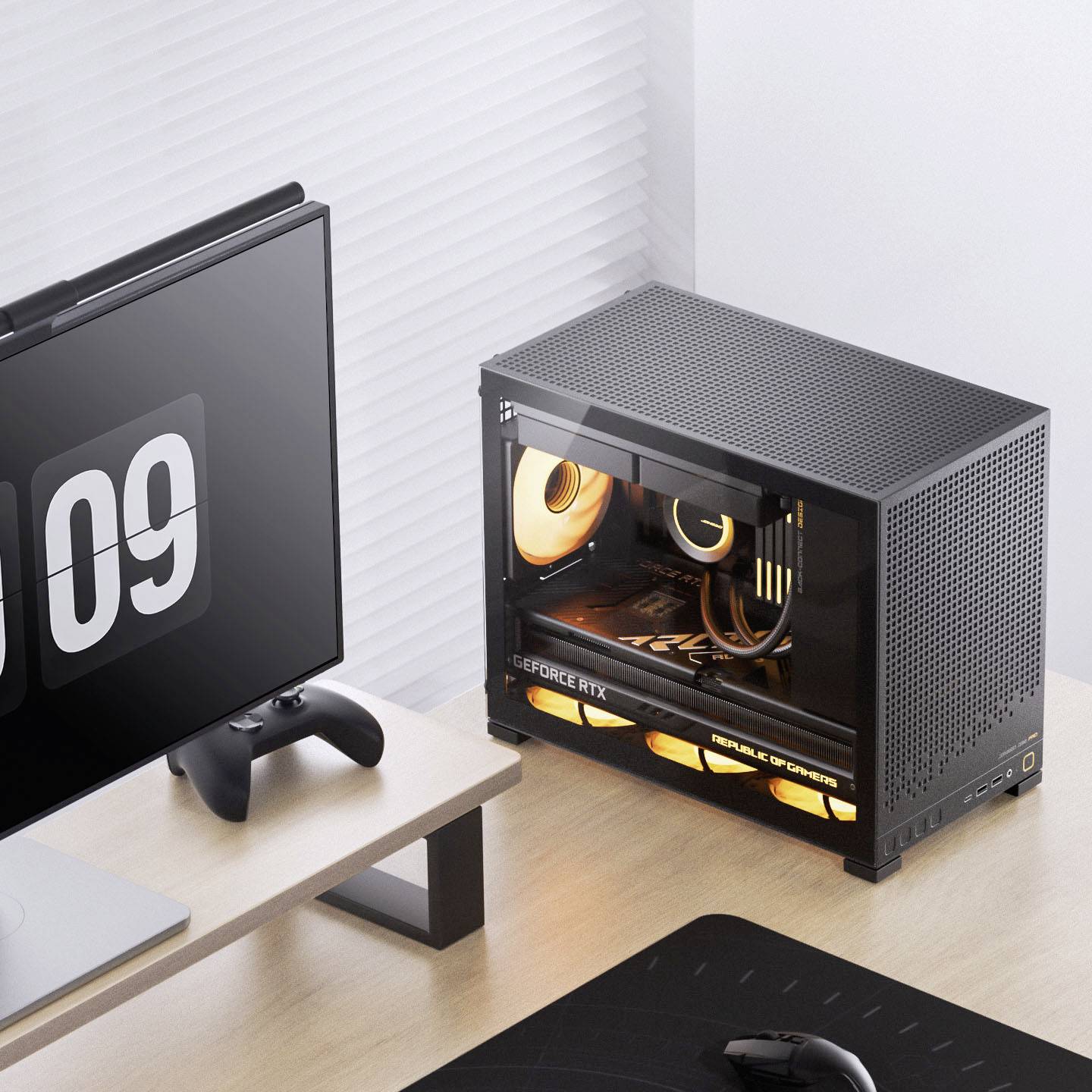 Moderní stolní sestava s elegantním počítačovým monitorem zobrazujícím '09', mechanickou klávesnicí, herní myší a kompaktním herním počítačem s RGB podsvícením.