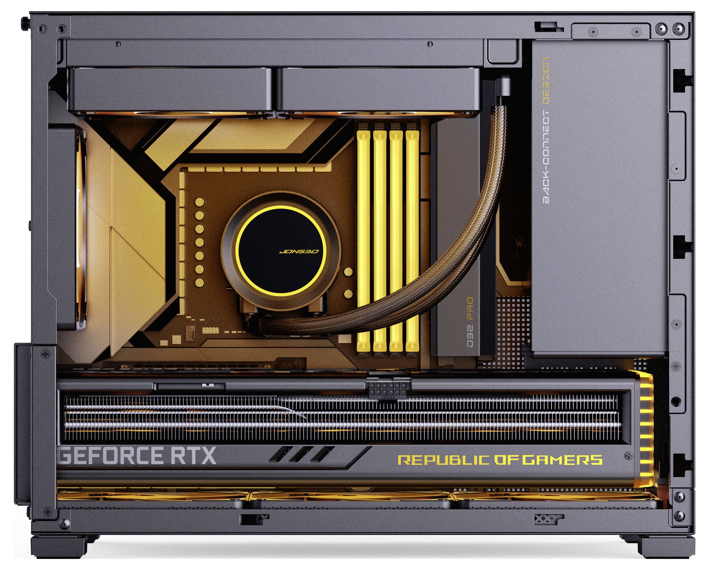 Počítačová skříň je vybavena systémem kapalinového chlazení, GPU s LED podsvícením označeným jako 'GeForce RTX' a organizovanými vnitřními komponenty v elegantním designu.