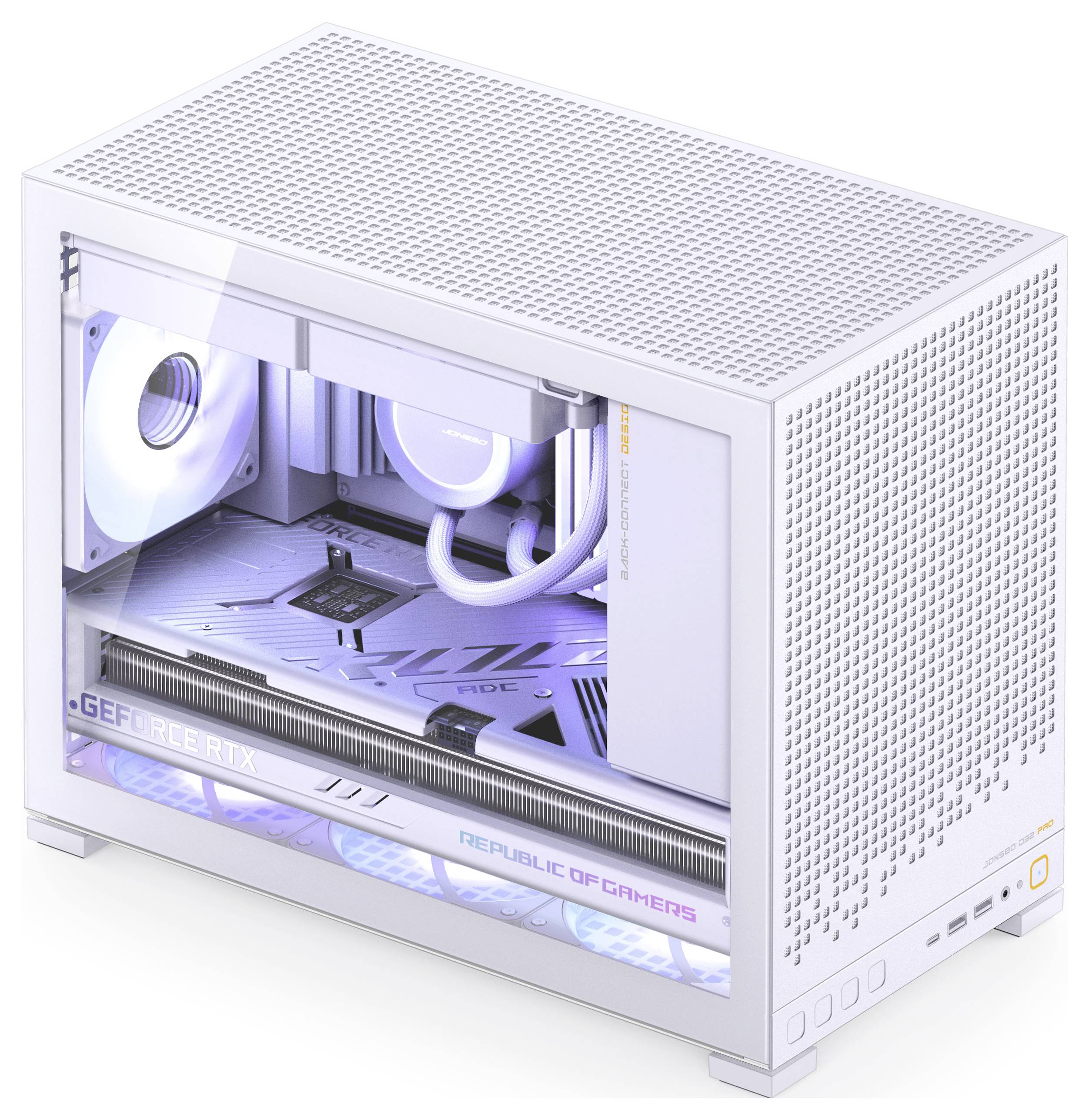 Bílý, kompaktní herní počítač s průhledným bočním panelem, který odhaluje vnitřní komponenty, včetně grafické karty RTX a RGB osvětlení.
