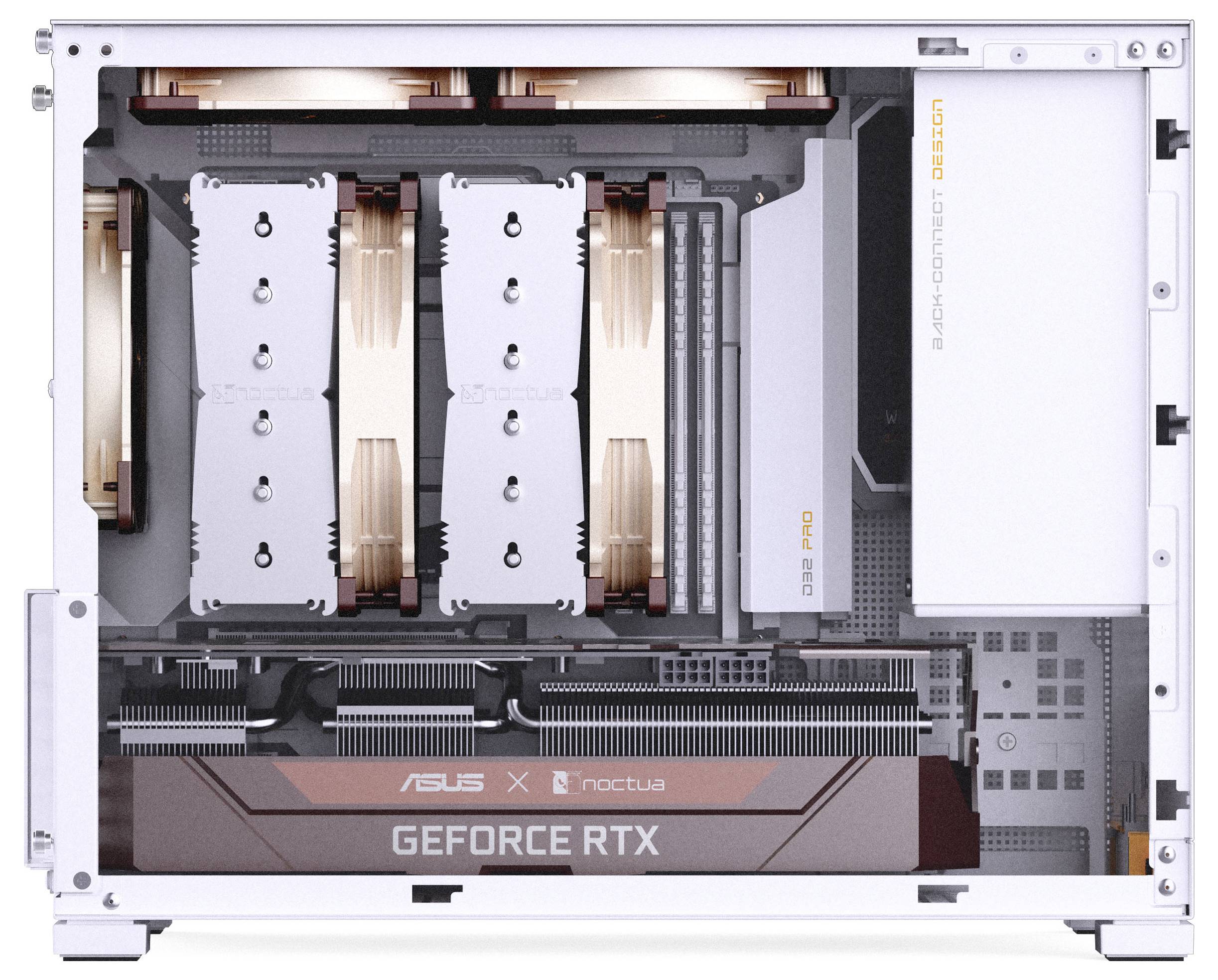 Počítačová skříň s viditelnými komponenty: chladicími ventilátory, logem značek ASUS a Noctua, grafickou kartou GeForce RTX a základní deskou ASUS.