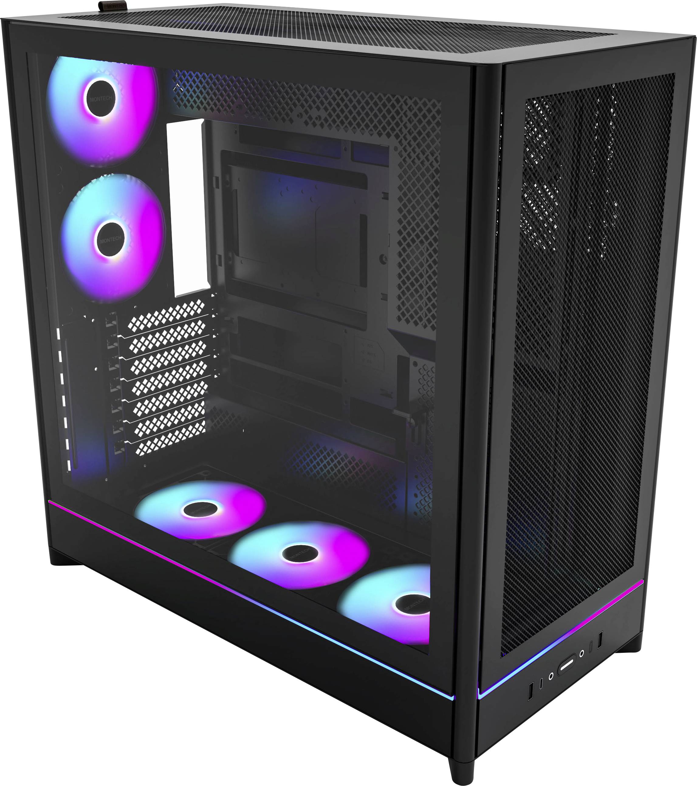 Elegantní počítačová skříň se třemi předními ventilátory a dvěma spodními ventilátory, které všechny disponují barevným RGB osvětlením viditelným z bočního panelu.