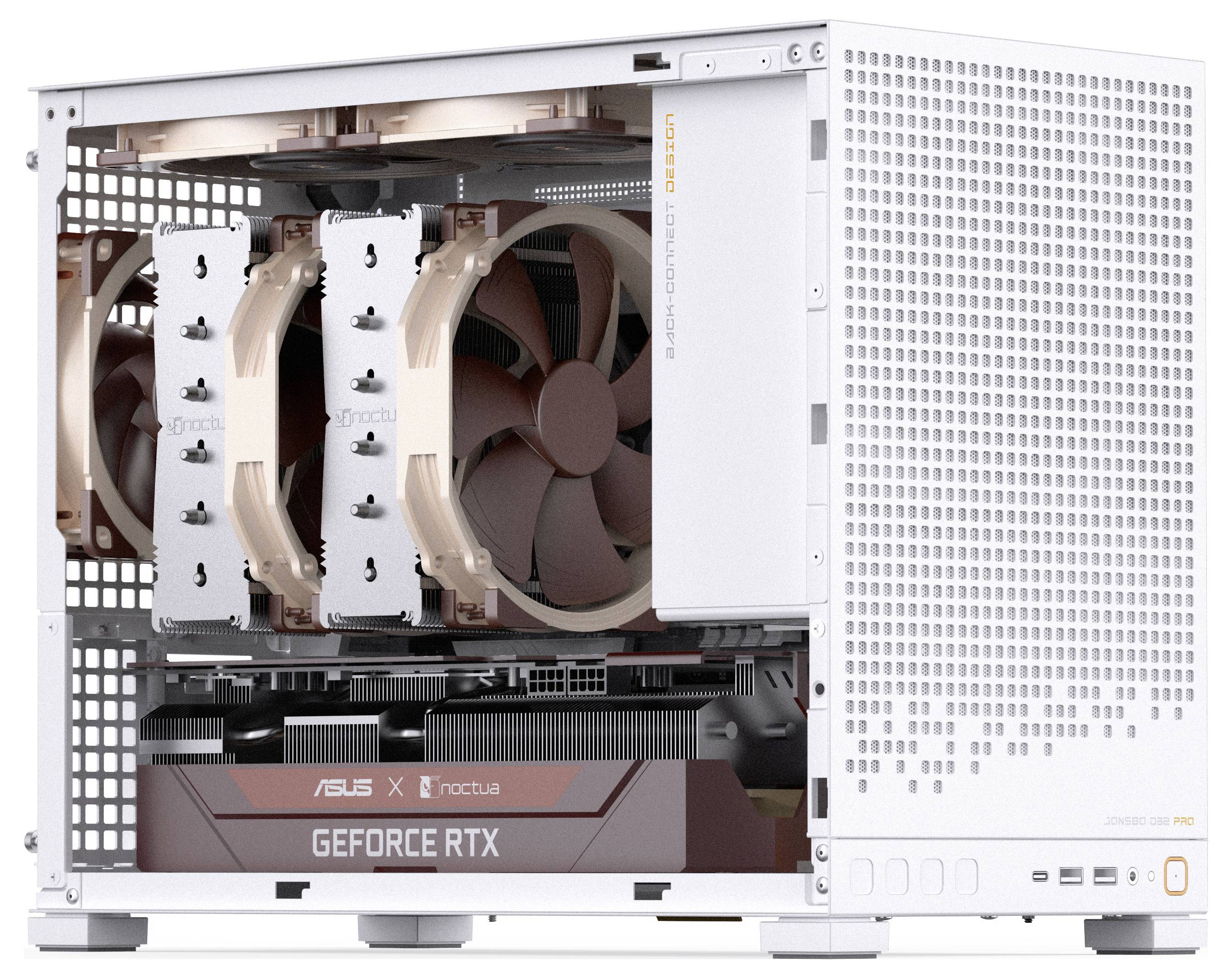 Kompaktní bílý počítačový case s mřížkovými panely ukrývá rozvětvené chladicí ventilátory a grafickou kartu označenou jako 'GEFORCE RTX'.