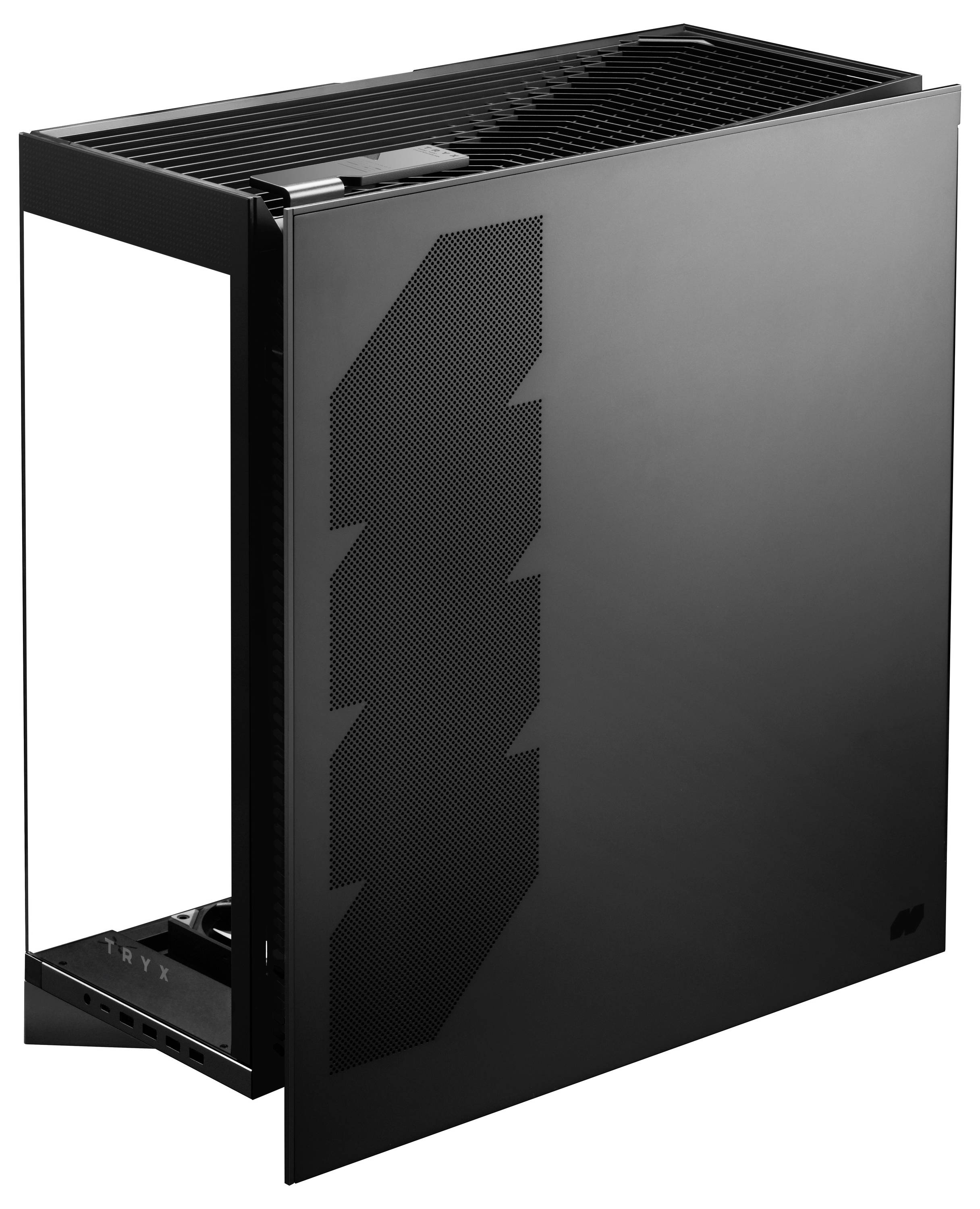 Elegantní, moderní černý počítačový box s bočním panelem s výraznými geometrickými větrácími otvory, navržený pro vysoce výkonné PC sestavy.