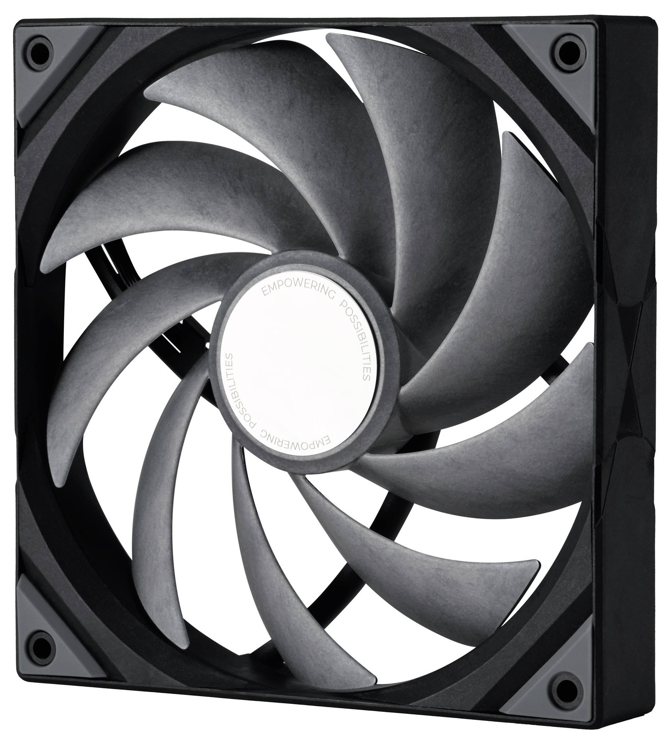 Elegantní, moderní počítačový ventilátor s zakřivenými lopatkami v čtvercovém rámu, navržený pro efektivní chlazení, označený nápisem 'Posilování možností'.