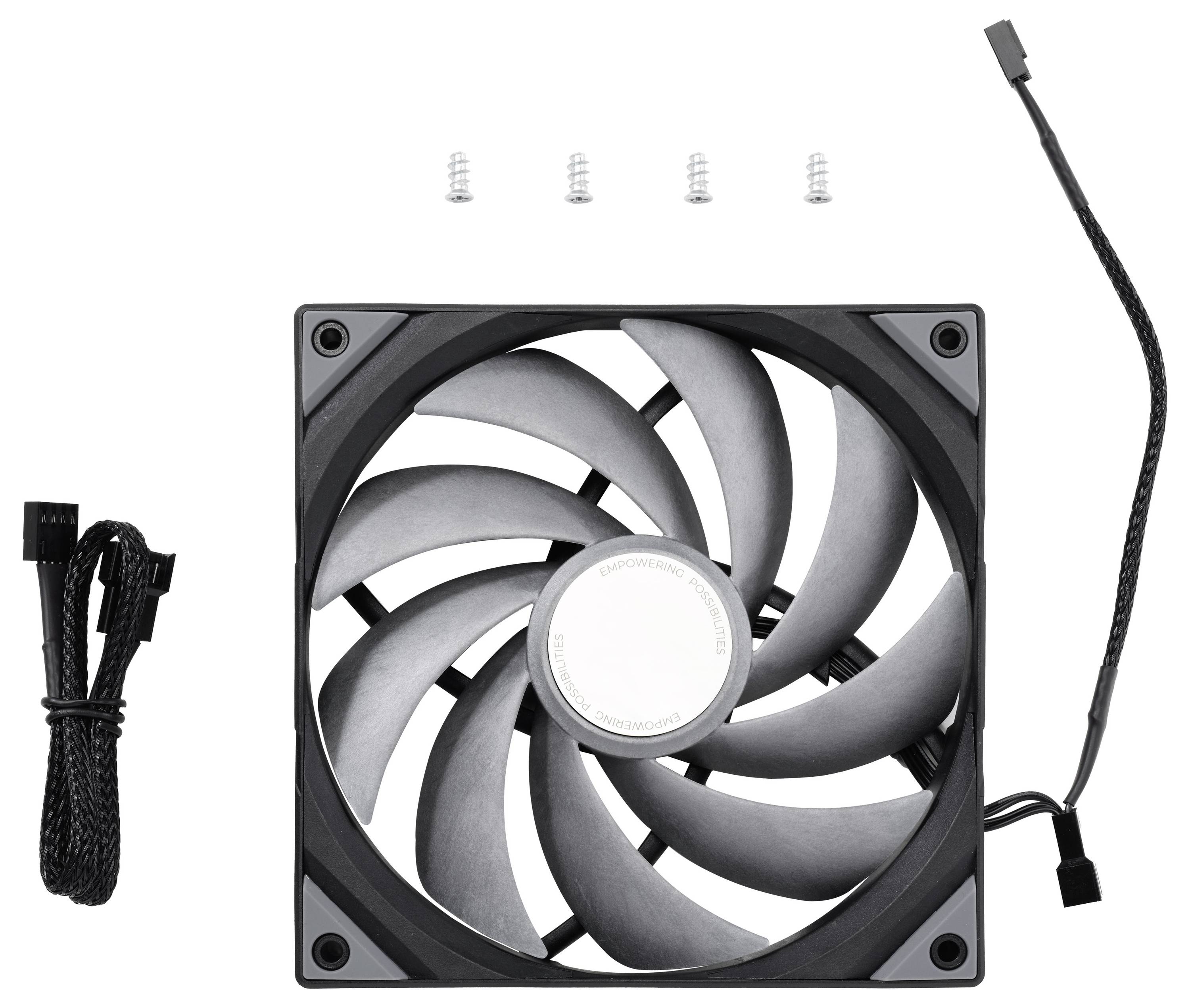 Počítačový chladicí ventilátor s černými lopatkami, čtyřmi stříbrnými šrouby a černým napájecím kabelem, navržený pro snižování teploty v elektronických zařízeních.