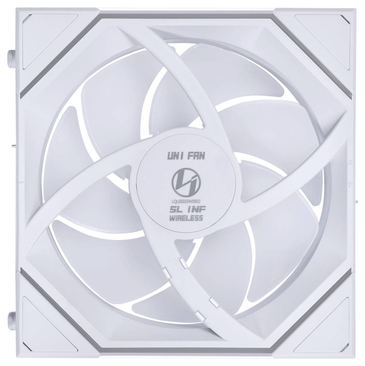 Bílý počítačový chladicí ventilátor s označením 'Uni Fan SL120 V2 Wireless' na náboji, vyznačující se elegantním a moderním designem.