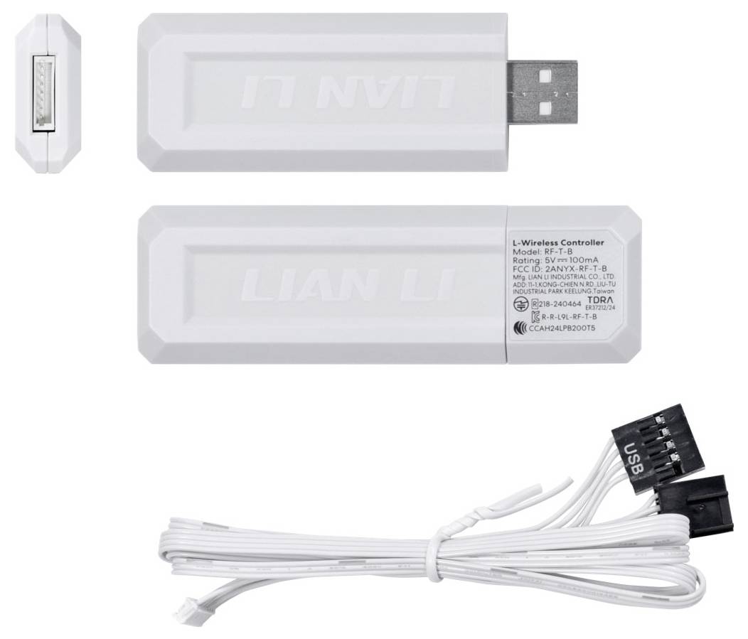 Bezdrátový USB ovladač s bílým krytem, označený štítkem 'LIAN LI'. Obsahuje odpojitelný kabel s USB a proprietárními konektory.