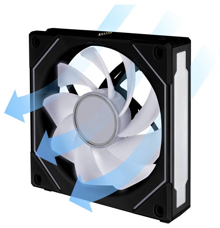 Počítačový chladicí ventilátor s modrými šipkami znázorňujícími směr proudění vzduchu, což ukazuje na efektivní chlazení zařízení.