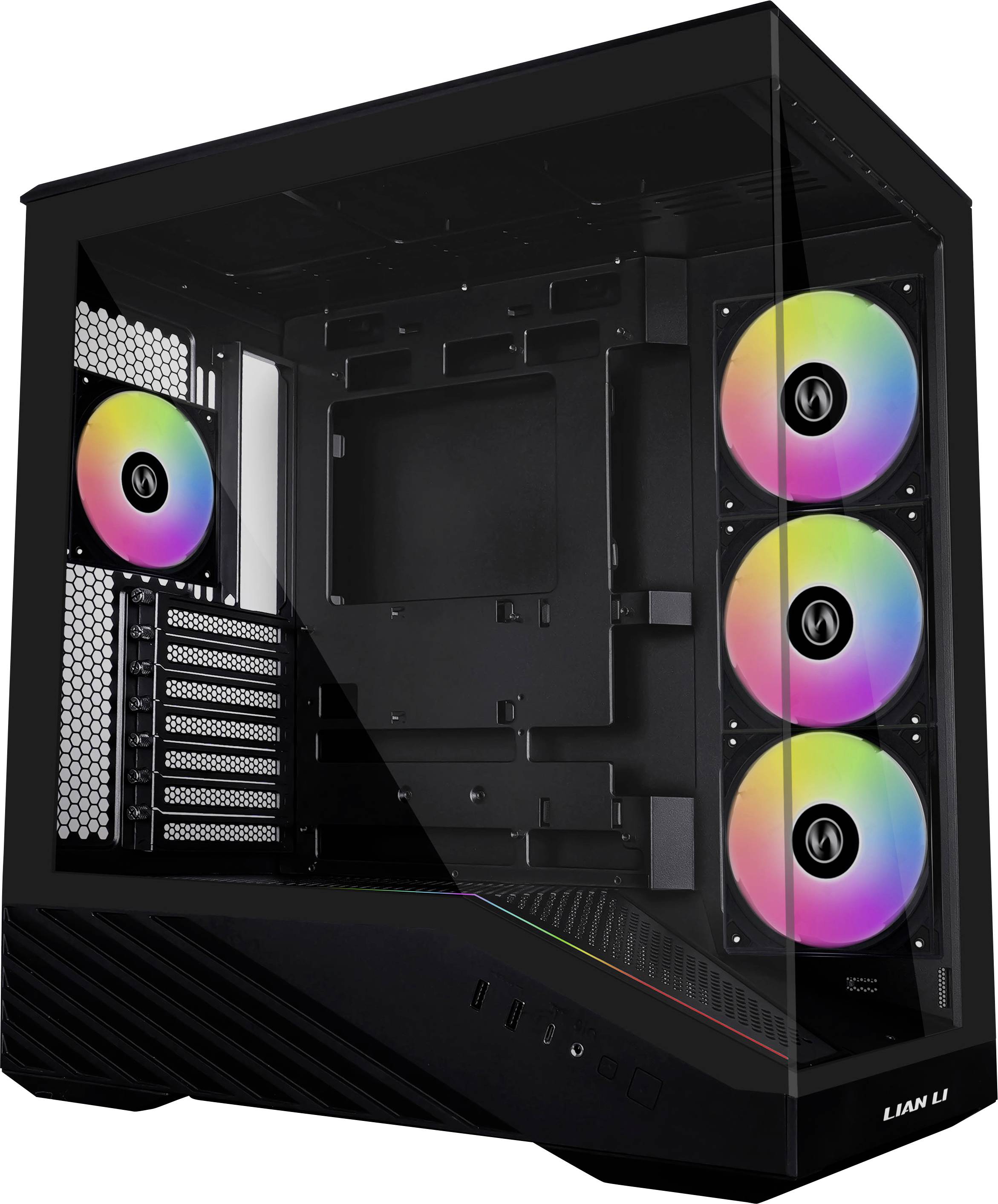 Černý počítačový box Lian Li s průhledným bočním panelem, který disponuje třemi předními RGB ventilátory a viditelnými interními pozicemi pro komponenty.