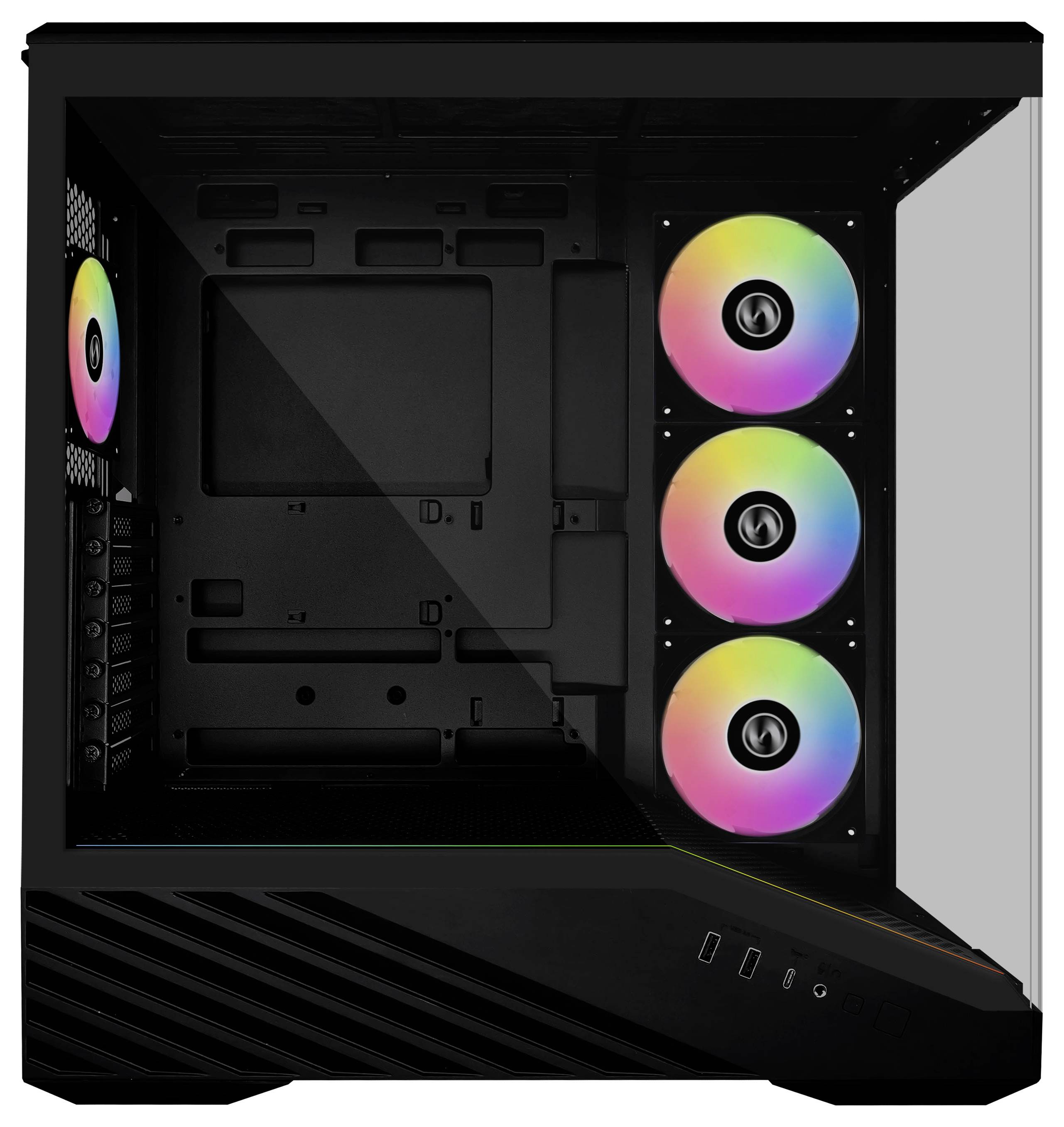 Černý počítačový case s bočním skleněným panelem, zobrazující tři vertikální RGB ventilátory vpředu a jeden vzadu, prázdný vnitřní prostor.