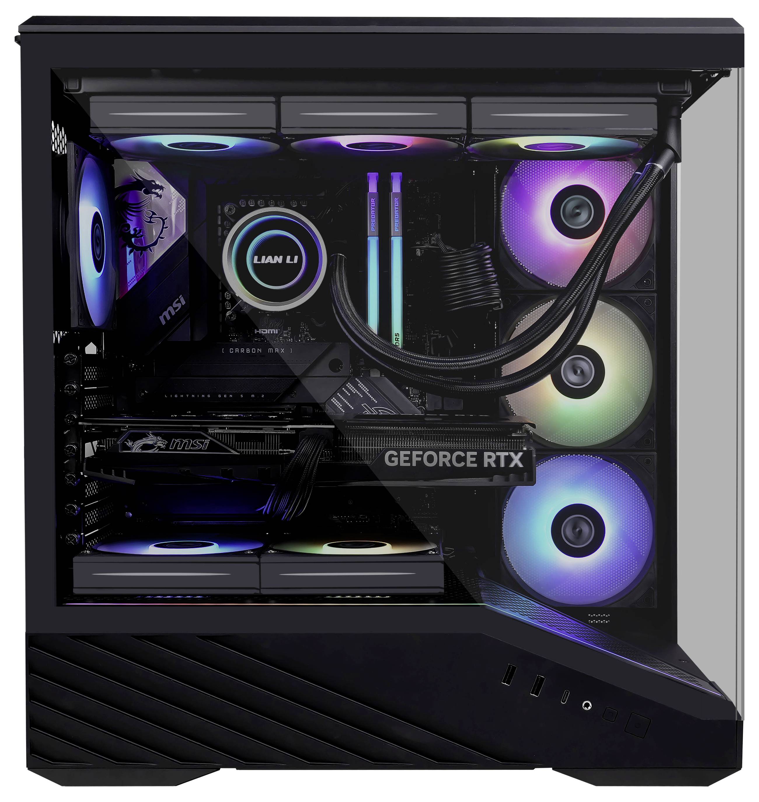 Herní počítač s RGB podsvícením, vybavený grafickou kartou GeForce RTX, komponenty Lian Li a několika chladicími ventilátory.