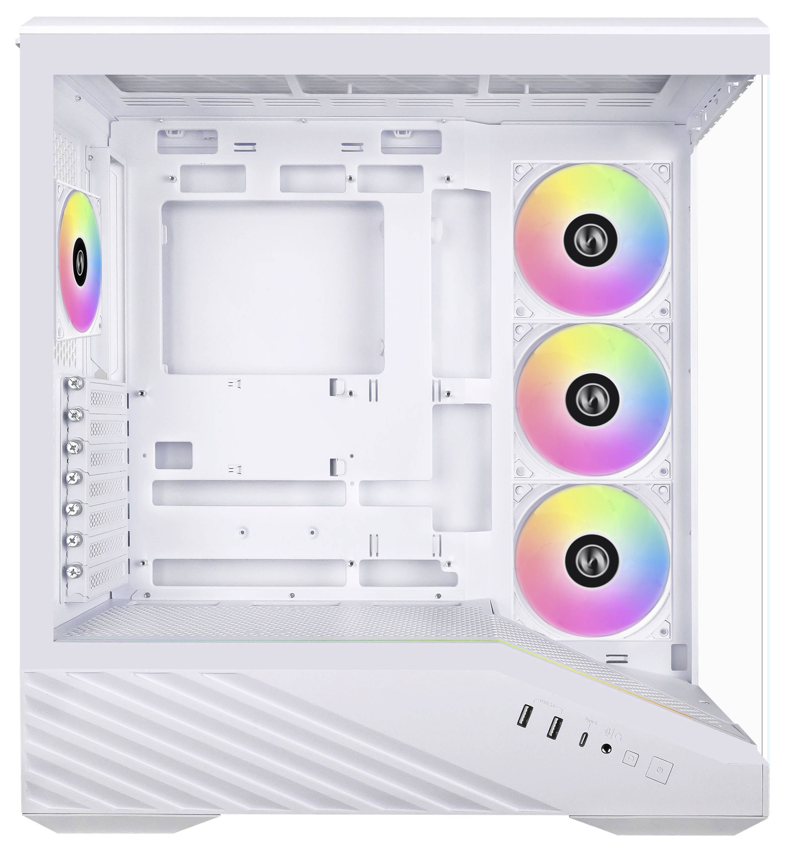 Bílý počítačový case se třemi předními RGB ventilátory a jedním zadním RGB ventilátorem, šikmý panel se čtyřmi USB porty. Prostorný interiér pro pokročilé konfigurace.