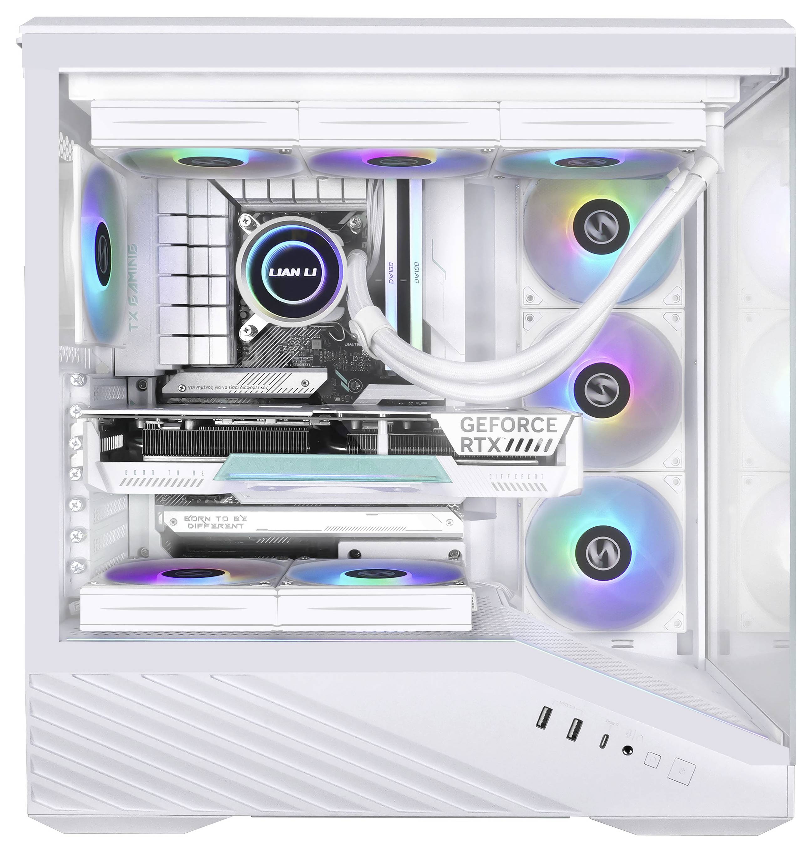 Bílý stolní počítačový case s viditelnými vnitřními RGB osvětlením, grafickou kartou GeForce RTX a několika chladicími ventilátory uvnitř.