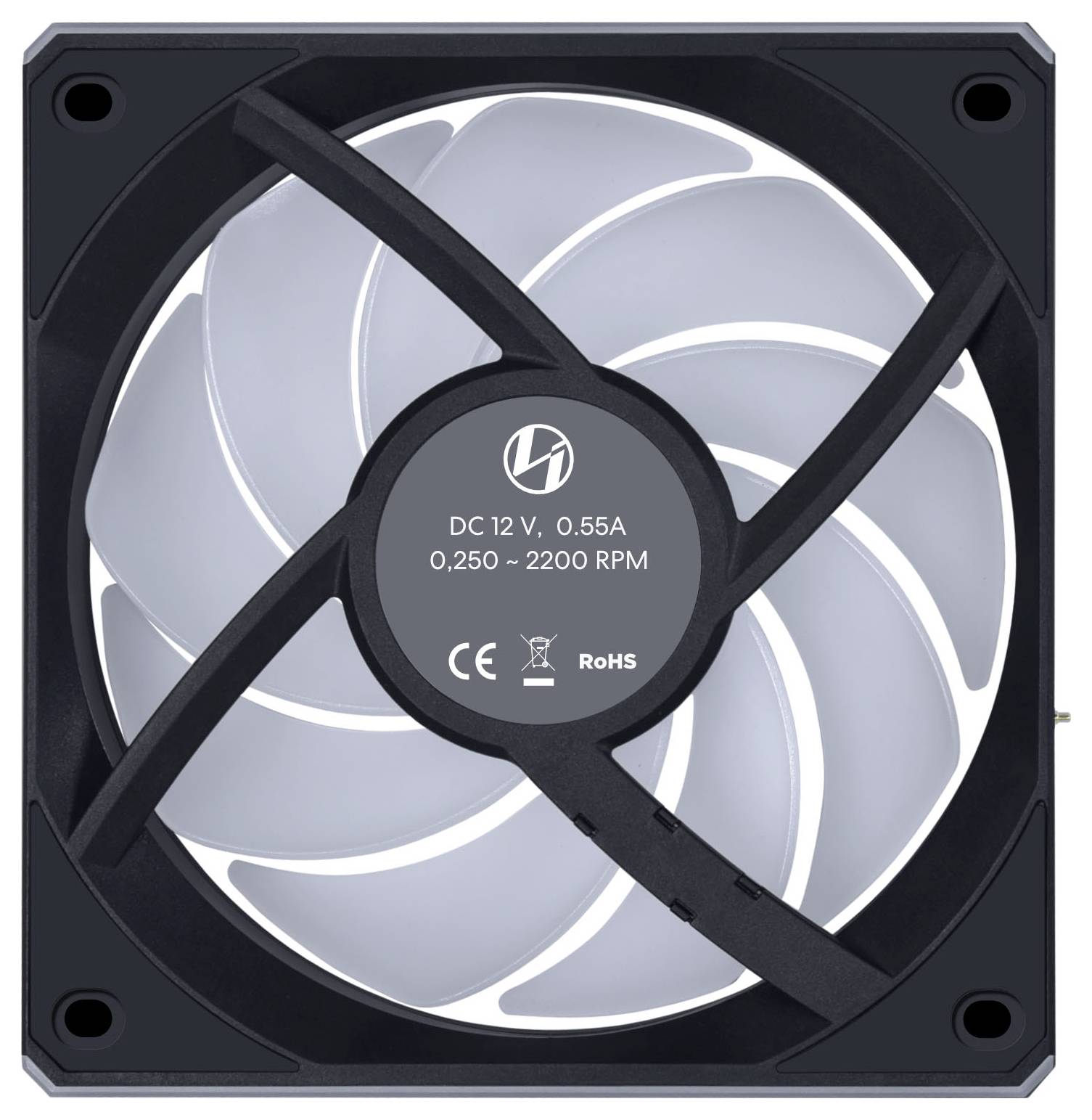 Počítačový chladicí ventilátor s černým rámem a bílými listy, označený specifikacemi: 'DC 12V 0,55A 0,250 ~ 2200 ot./min CE RoHS'.