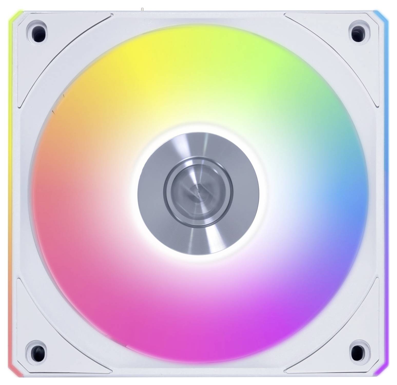 Počítačový ventilátor RGB s bílým rámečkem. Lopatky ventilátoru jsou osvětleny v barevném přechodu, vytvářející kruhový světelný efekt.