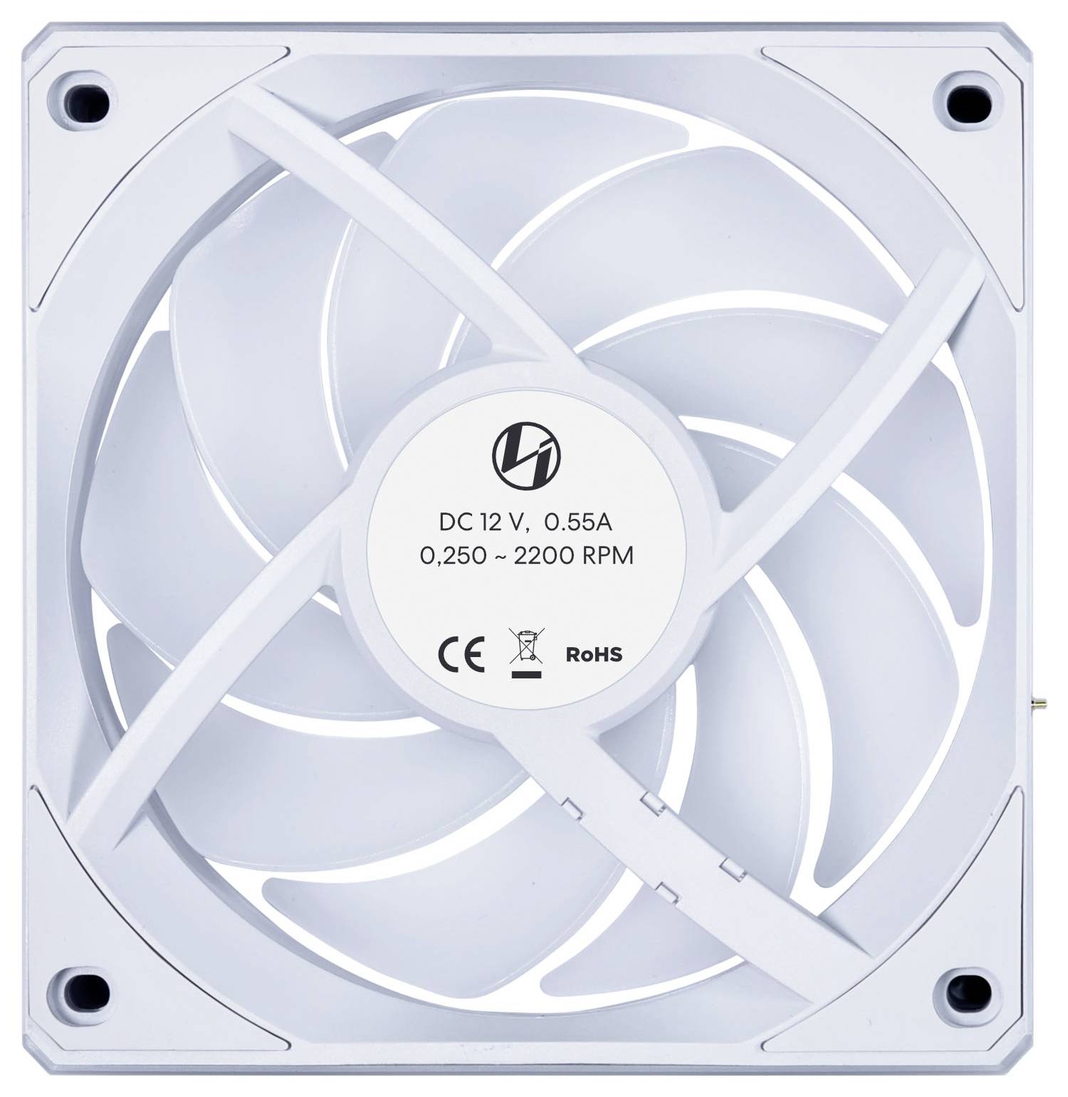 Bílý počítačový ventilátor se spirálovitými lopatkami, označený štítkem 'DC 12 V, 0.55A, 0.250 - 2200 RPM'. Obsahuje certifikační značky CE a RoHS.