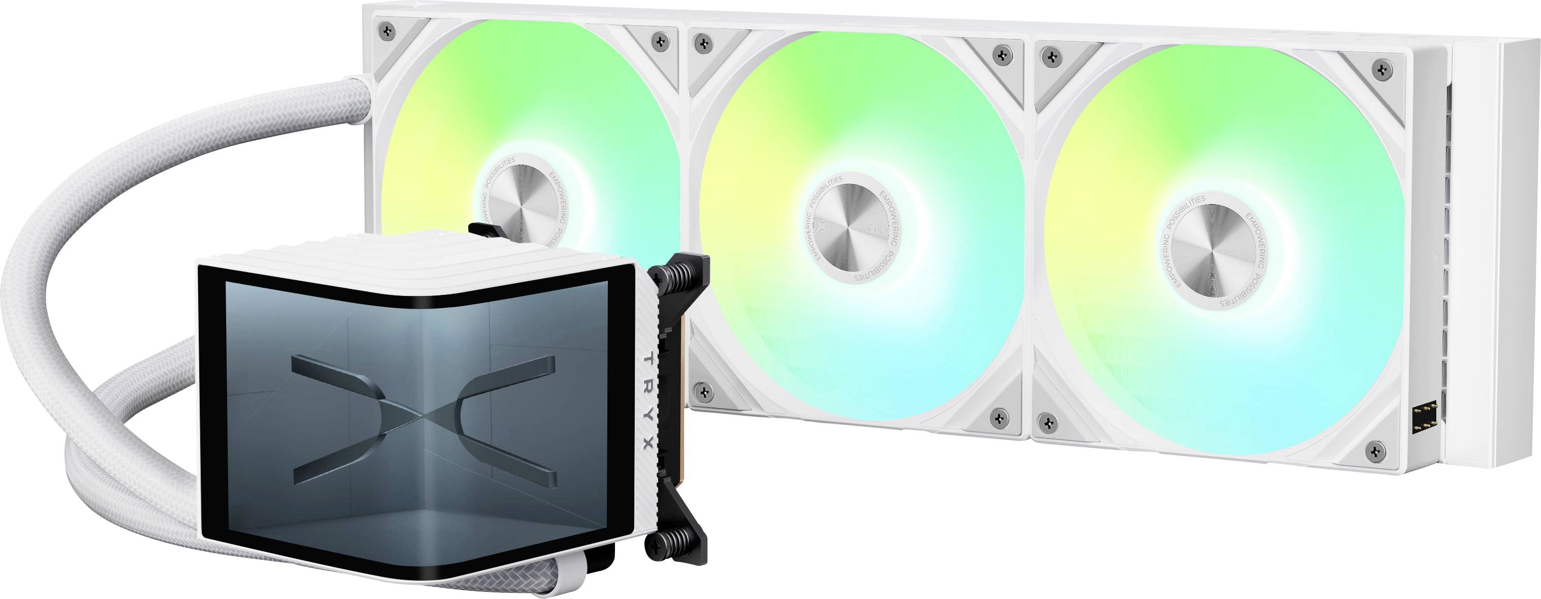 'Bílý kapalinový chladič CPU s průhlednou pumpou zobrazující logo ve tvaru 'X', propojený bílými hadicemi s radiátorem vybaveným třemi RGB ventilátory.')