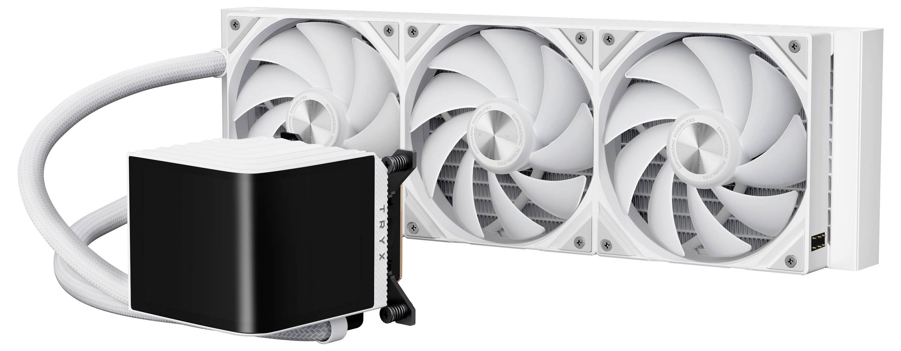 Bílý systém kapalinového chlazení pro počítače se třemi velkými ventilátory a hadicemi připojen k černobílé vodní chladicí jednotce.