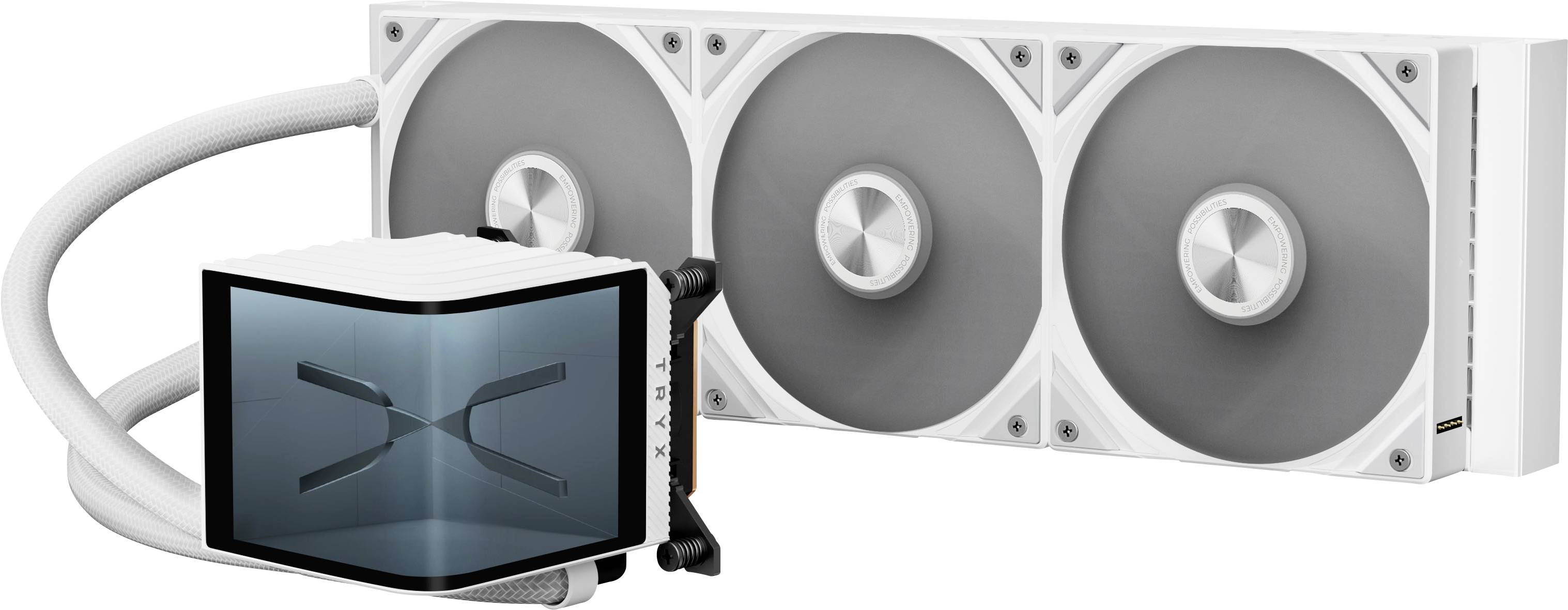 Bílý systém kapalinového chlazení počítače se třemi velkými ventilátory a průhledným čerpadlovým blokem, propojeným trubkami, určený pro chlazení procesoru.