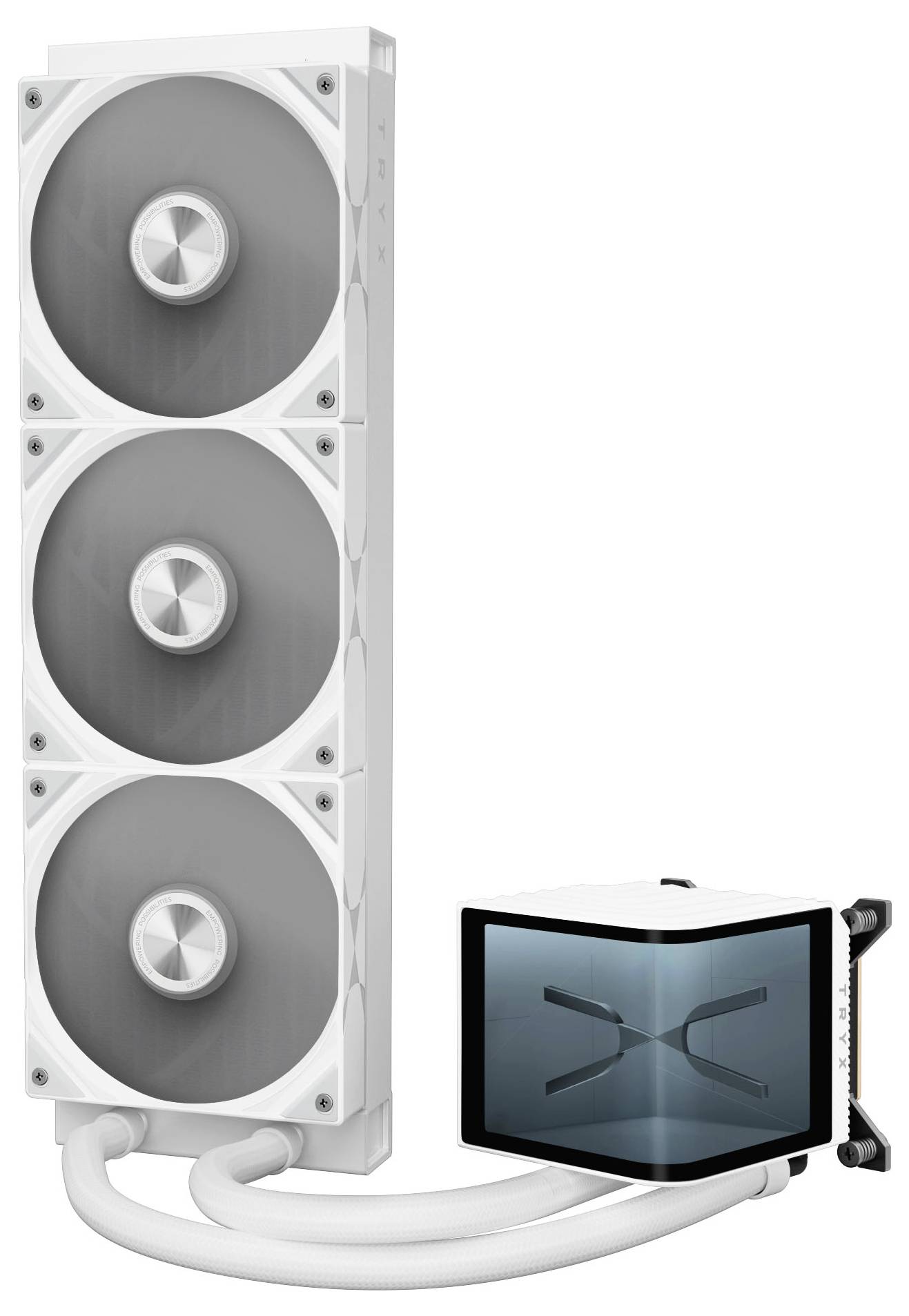 Bílý počítačový systém kapalinového chlazení se třemi velkými ventilátory vertikálně uspořádanými a čtvercová jednotka čerpadla s proskleným povrchem, která má jemný design X.