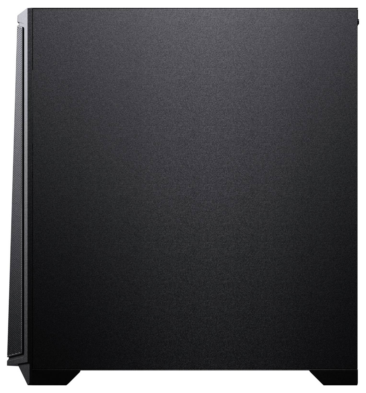 Elegantní černý počítačový věžový case s minimalistickým designem a síťovaným bočním panelem pro ventilaci.
