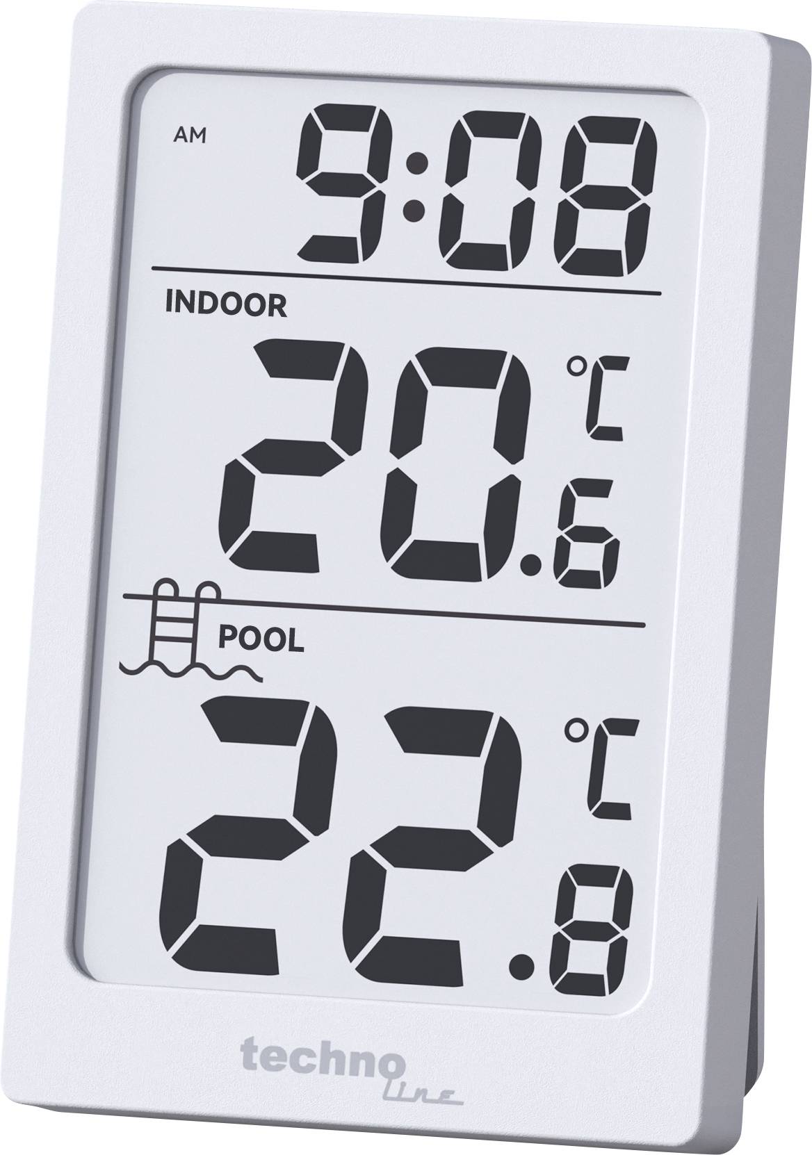 Digitální teploměr zobrazující čas '9:08 dopoledne', vnitřní teplotu '20,6°C' a teplotu bazénu '22,8°C'.