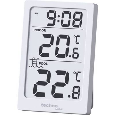 Digitální teploměr zobrazující čas '9:08 dopoledne', vnitřní teplotu '20,6°C' a teplotu bazénu '22,8°C'.