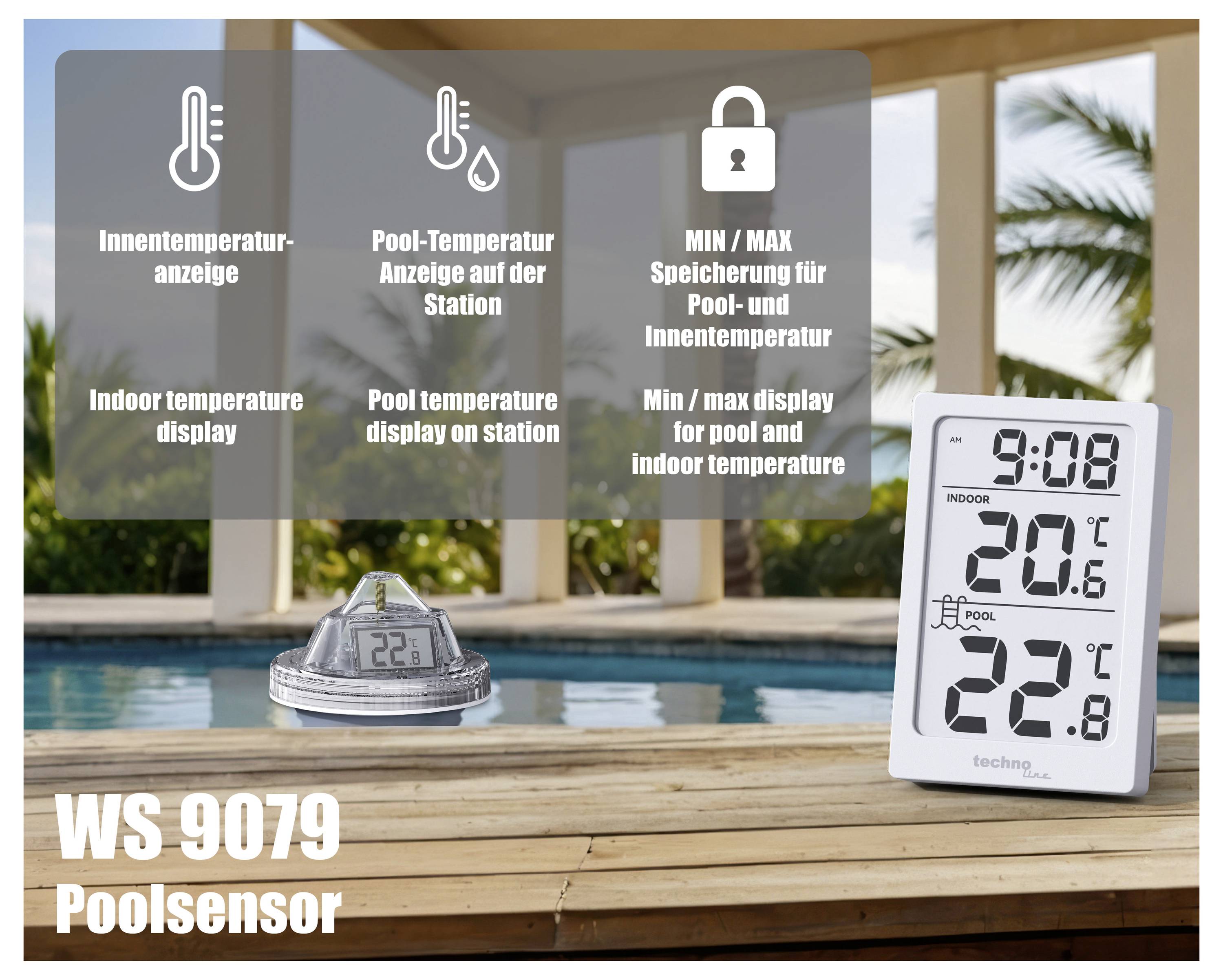 "WS 9079 Bazénový senzor" zobrazený u bazénu s displejem vnitřní/venkovní teploty ve stupních Celsia a Fahrenheita. Obsahuje paměť minimální/maximální teploty.