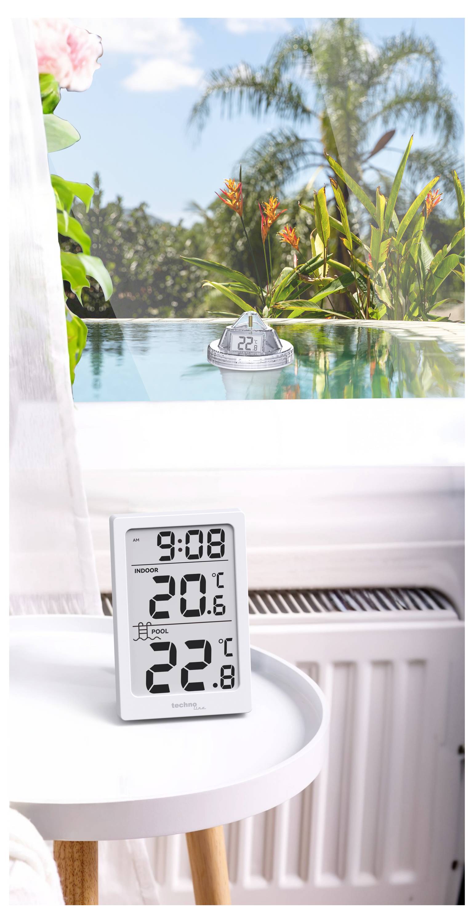 Digitální teploměr ukazující '9:08', vnitřní teplota '20,1°C' a venkovní '22,8°C'. Bazénový senzor v průzračné vodě s tropickými rostlinami.
