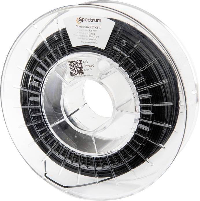 Čirá cívka černého 3D tiskového filamentu označená "Spectrum PET CF15".