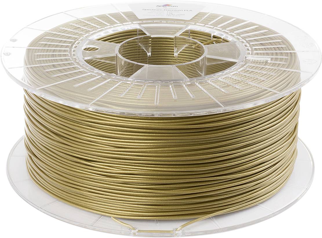 Cívka zlatavě zbarvené tiskové struny, používané pro 3D tisk, je těsně navinutá na průhledné plastové cívce.