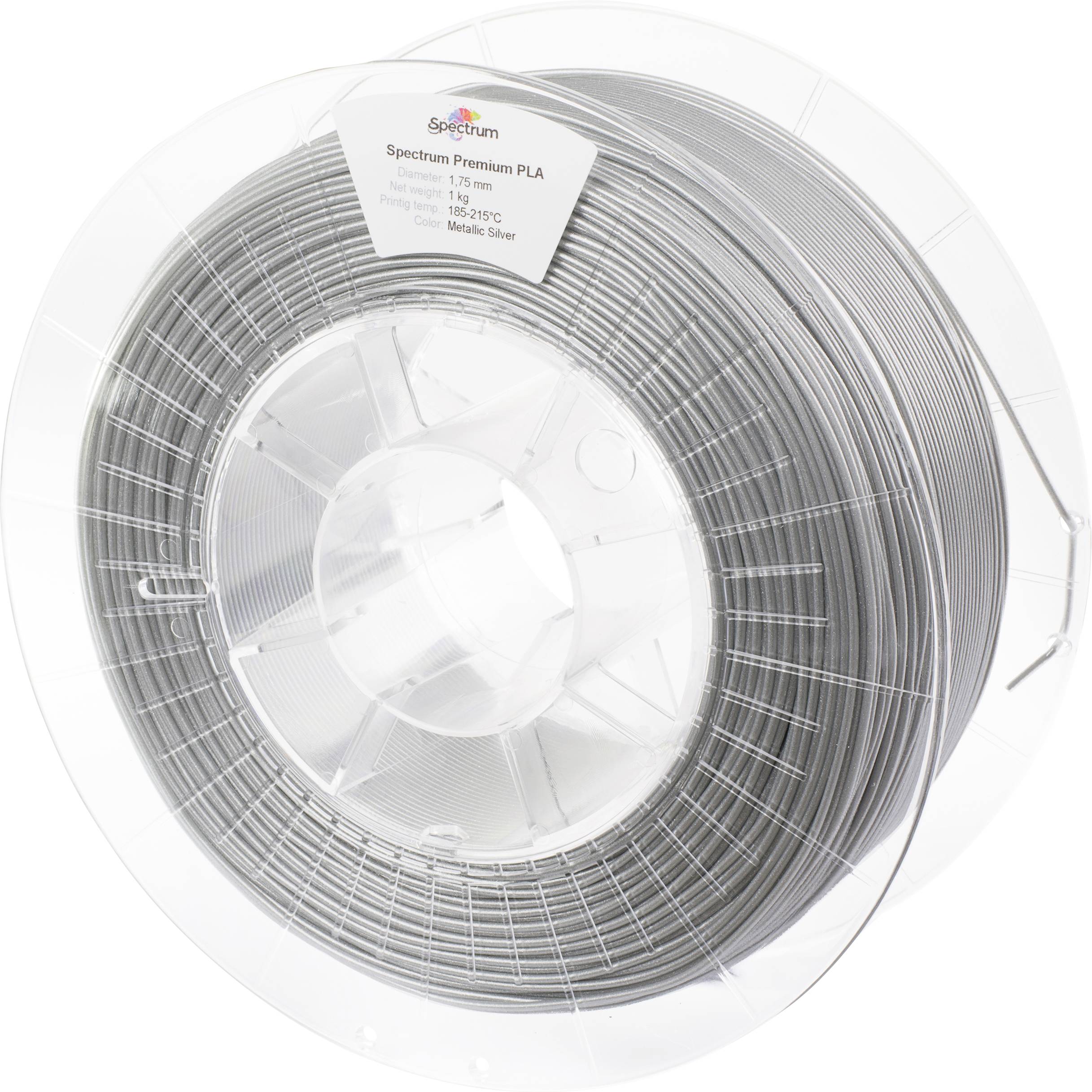 Špulka prémiového PLA 3D tiskového filamentu Spectrum o průměru 1,75 mm v metalicky stříbrné barvě. Používá se pro vytváření trojrozměrných tištěných objektů.