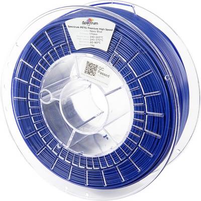 Průhledná cívka obsahující modré vlákno 3D tiskárny označené jako „Spectrum PETG Premium High Speed" s údaji o teplotě tisku.