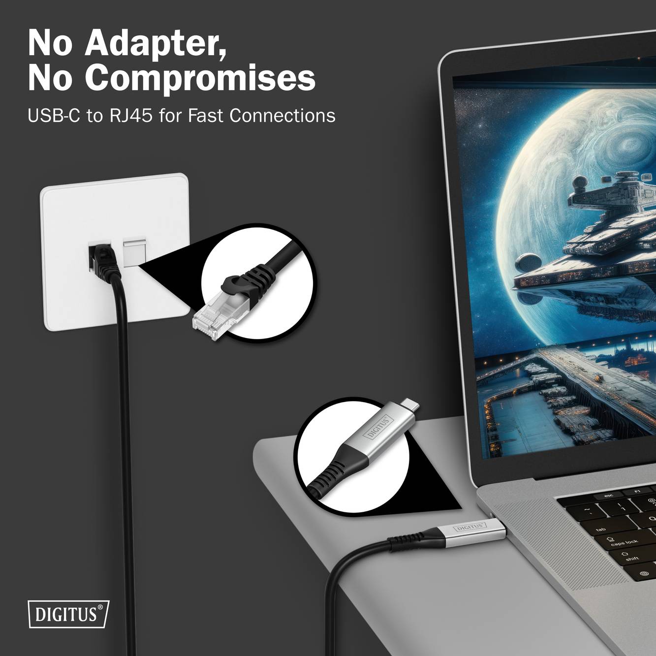 Kabel USB-C na RJ45 připojující síťovou zásuvku k laptopu pro rychlé připojení, zobrazující řešení bez nutnosti použití adaptéru.