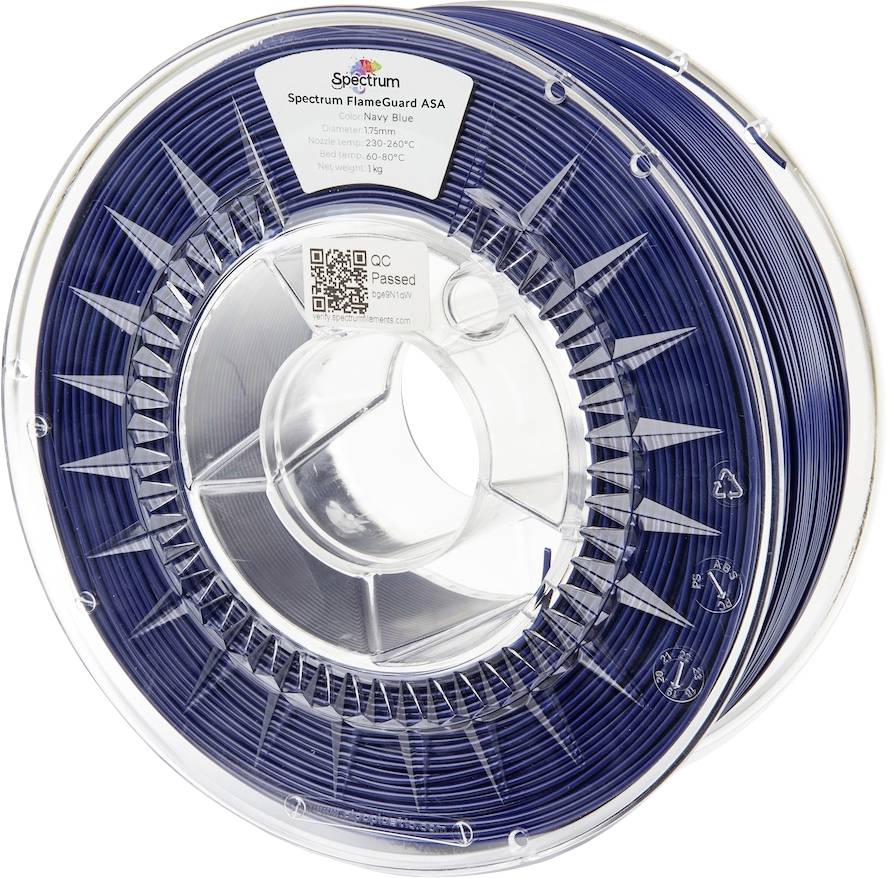 Cívka navy modrého 3D tiskového filamentu označená 'Spectrum Flame Guard ASA'.